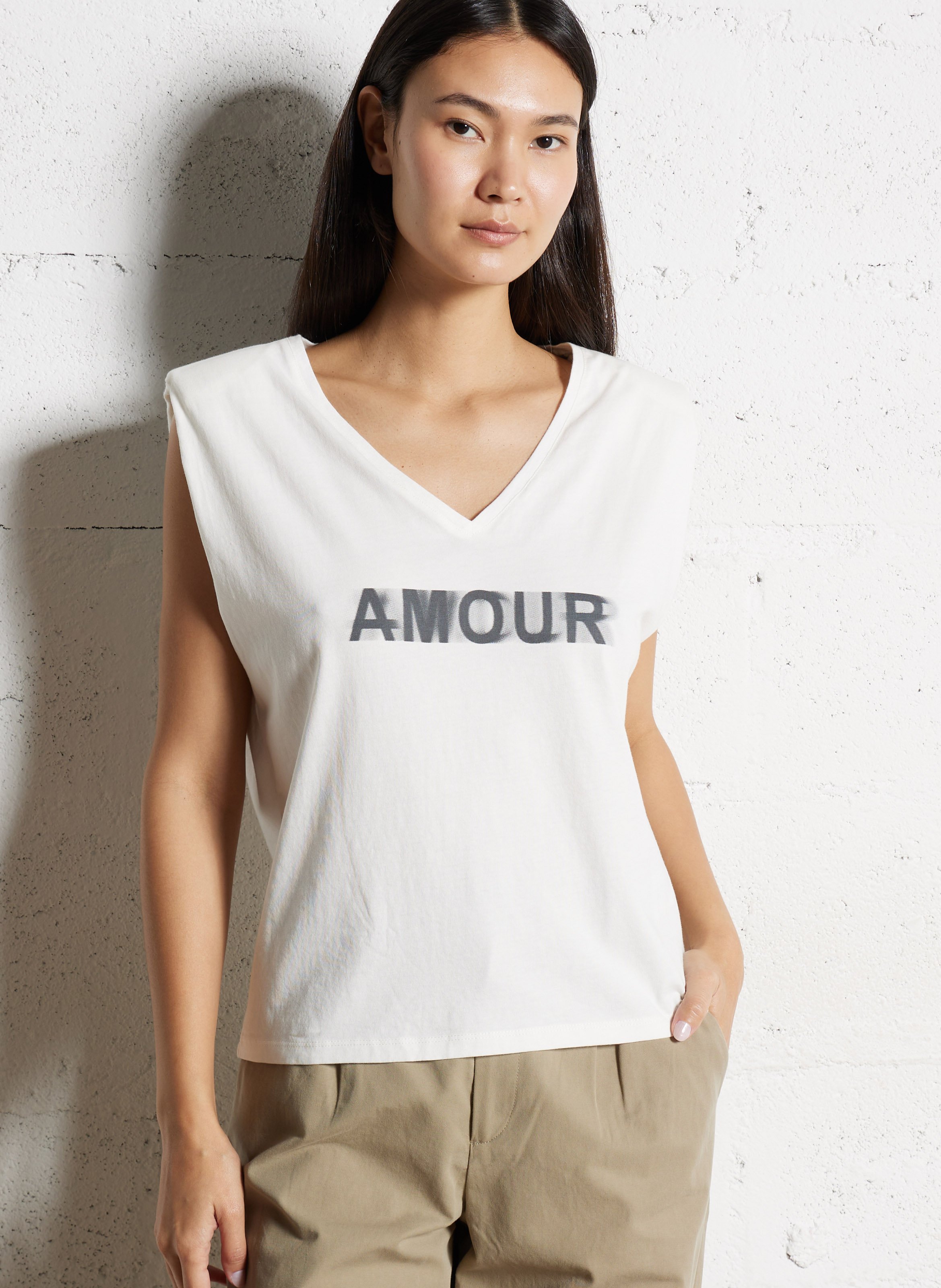 Tee-shirt droit col v en coton sérigraphié IKKS Blanc