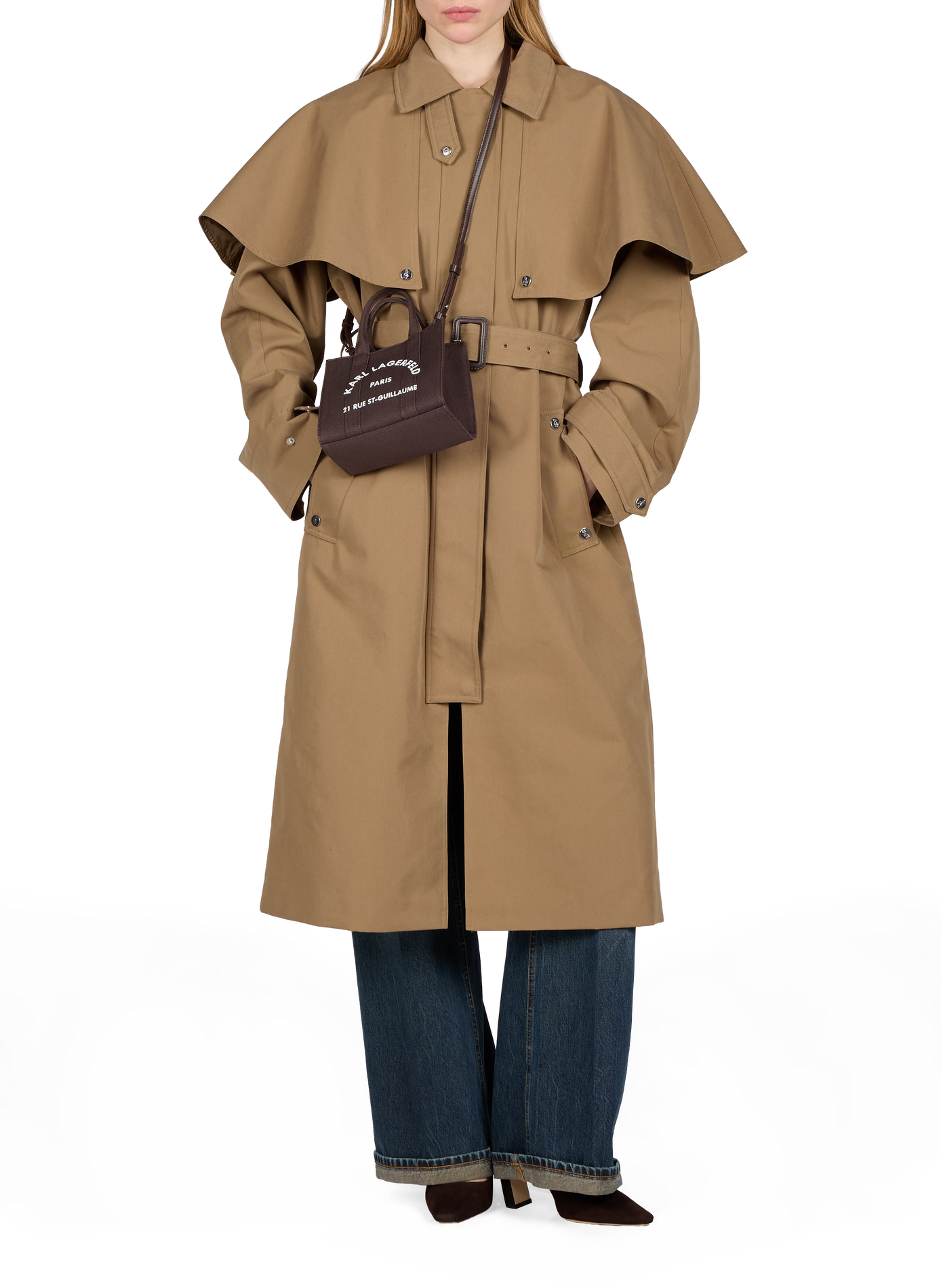 Long plain belted oversized trench coat BERENICE Brown