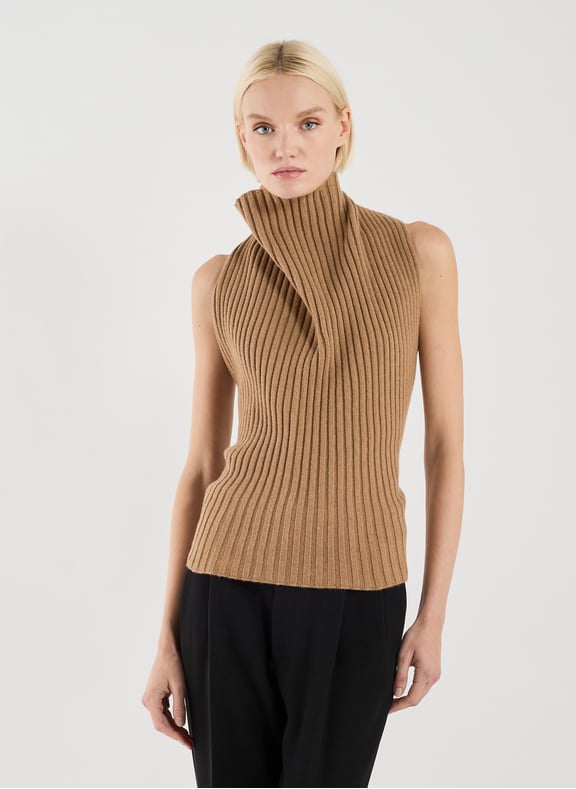 Top côtelé dos nu en laine Beige by VICTORIA BECKHAM VICTORIA BECKHAM Top côtelé dos nu en laine Beige