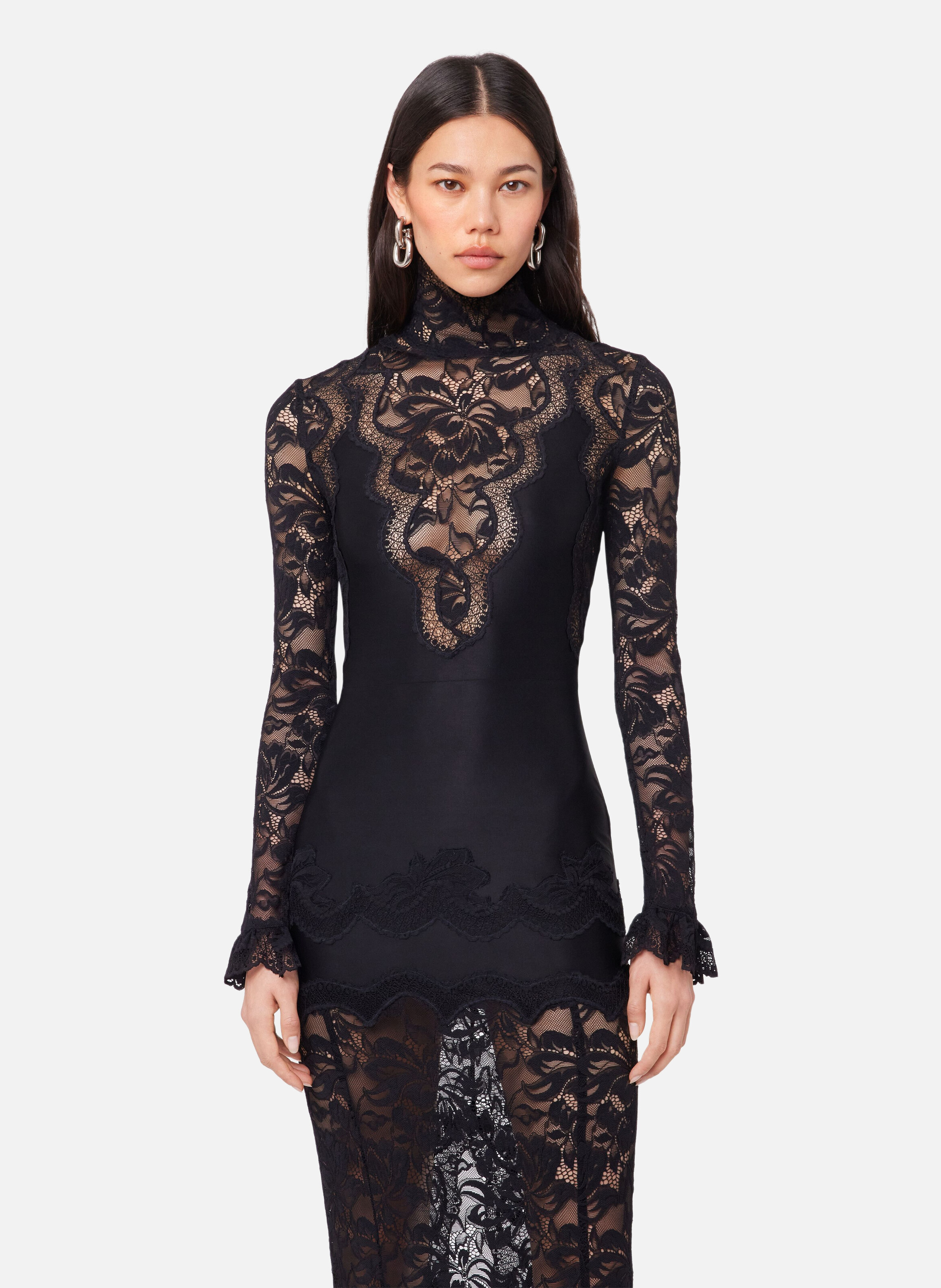 Robe longue en dentelle et jersey Noir