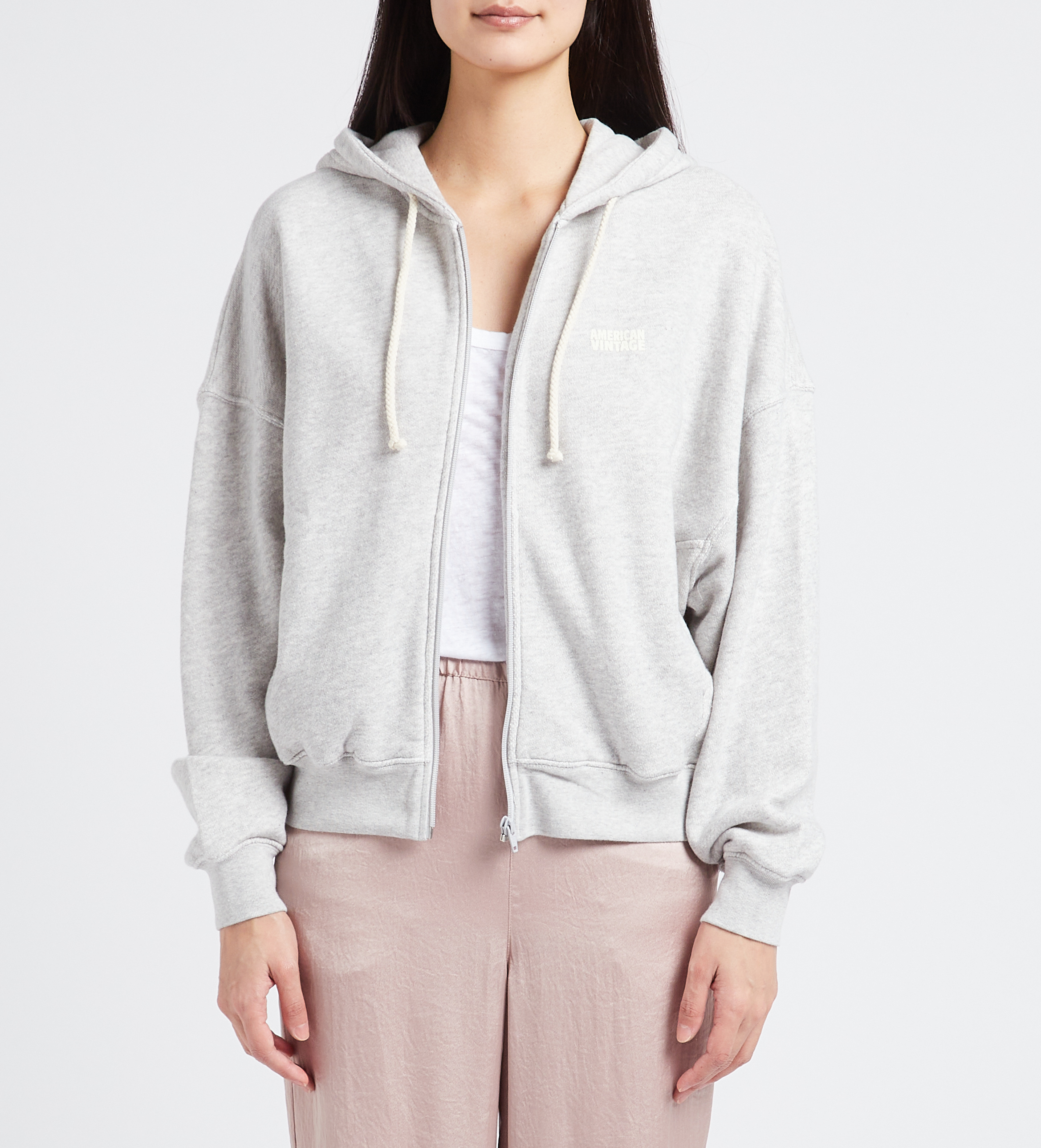 Sweat à capuche zippé et sérigraphié en coton bio kodytown AMERICAN VINTAGE Gris