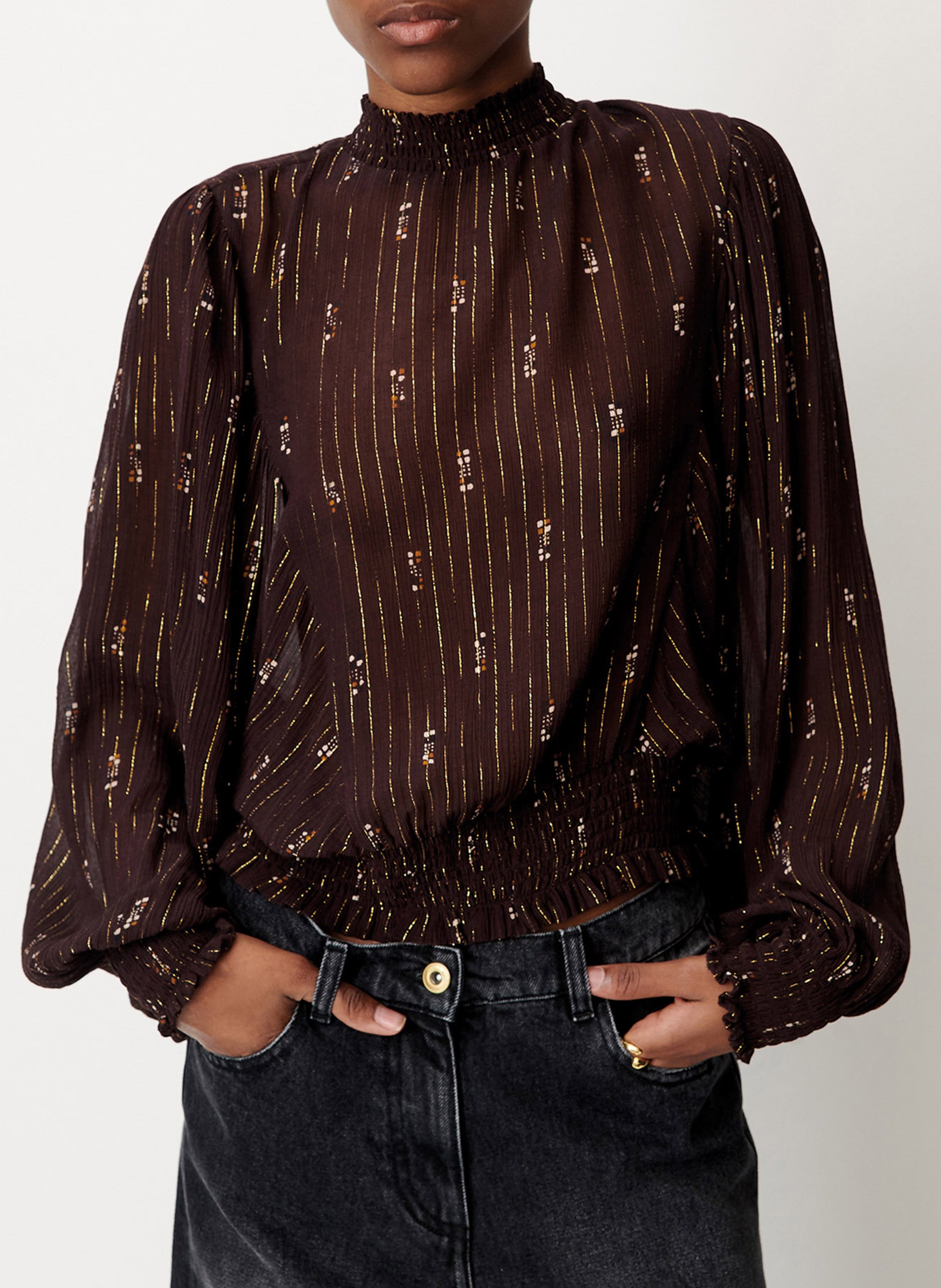 Blouse col montant droite imprimée duchess SESSUN Marron