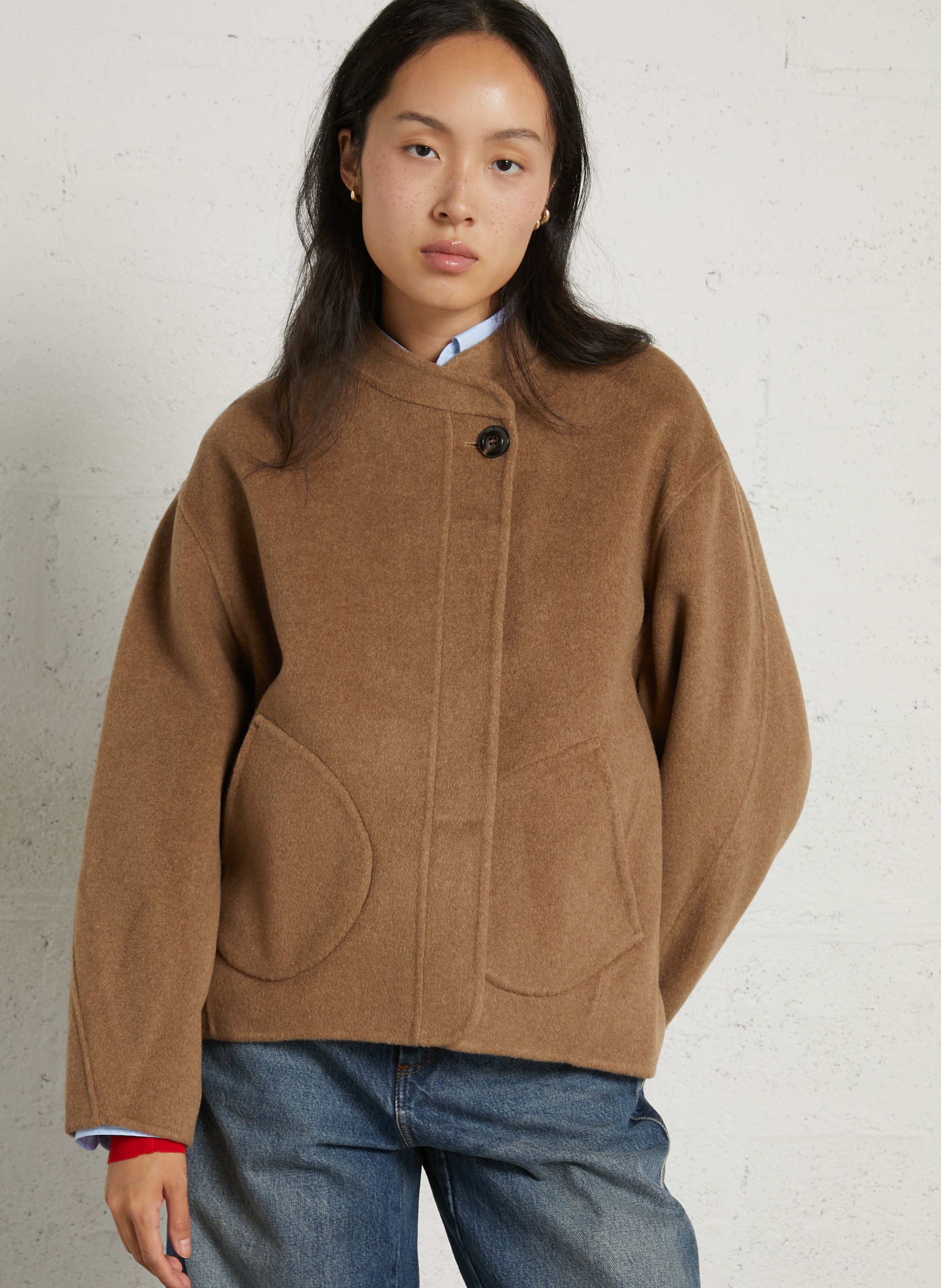 Manteau ample col rond en laine et cachemire windsor SOEUR Marron