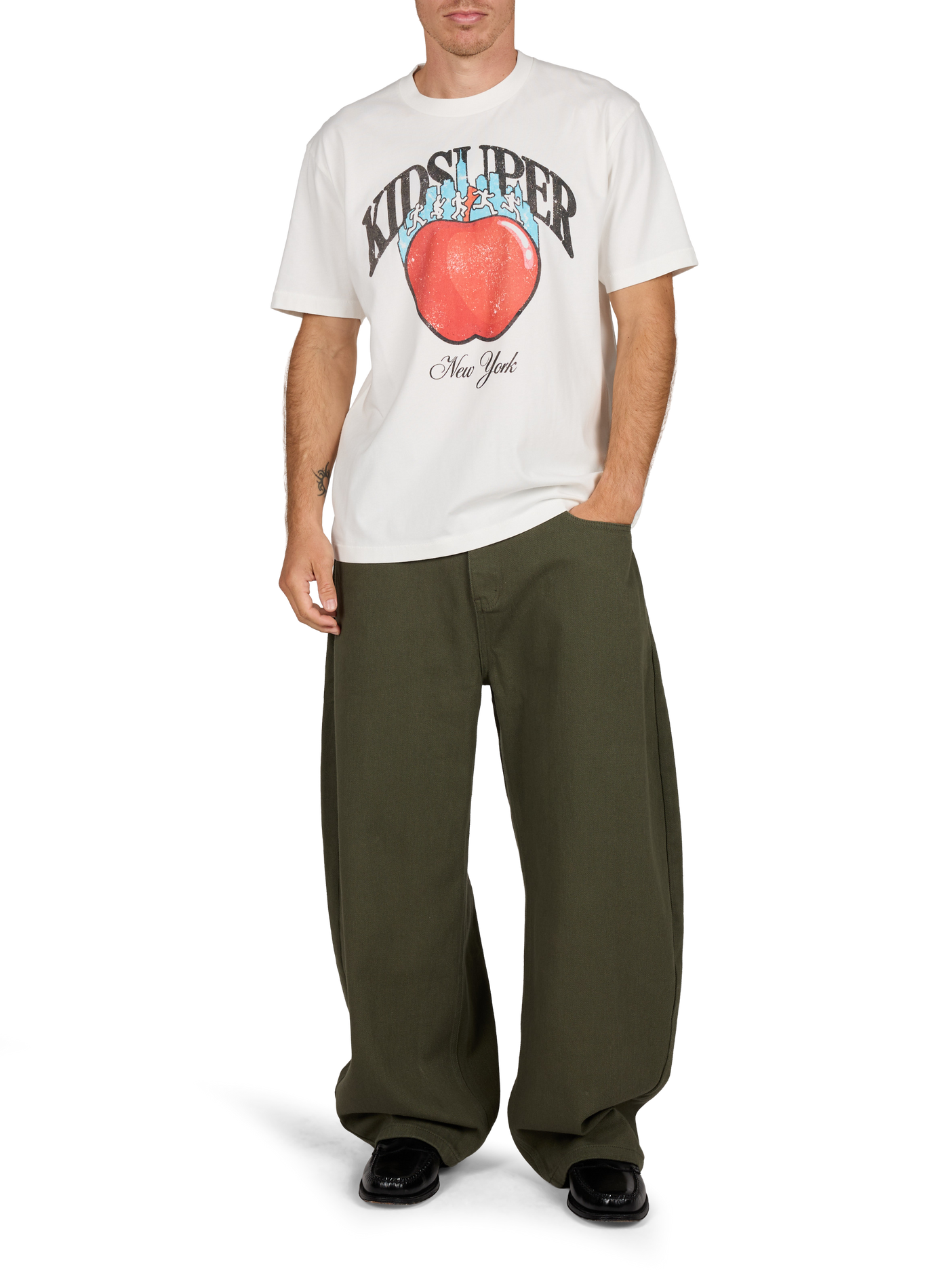 Gerader Rundhalsausschnitt bedrucktes Baumwoll-T-Shirt KIDSUPER Weiss