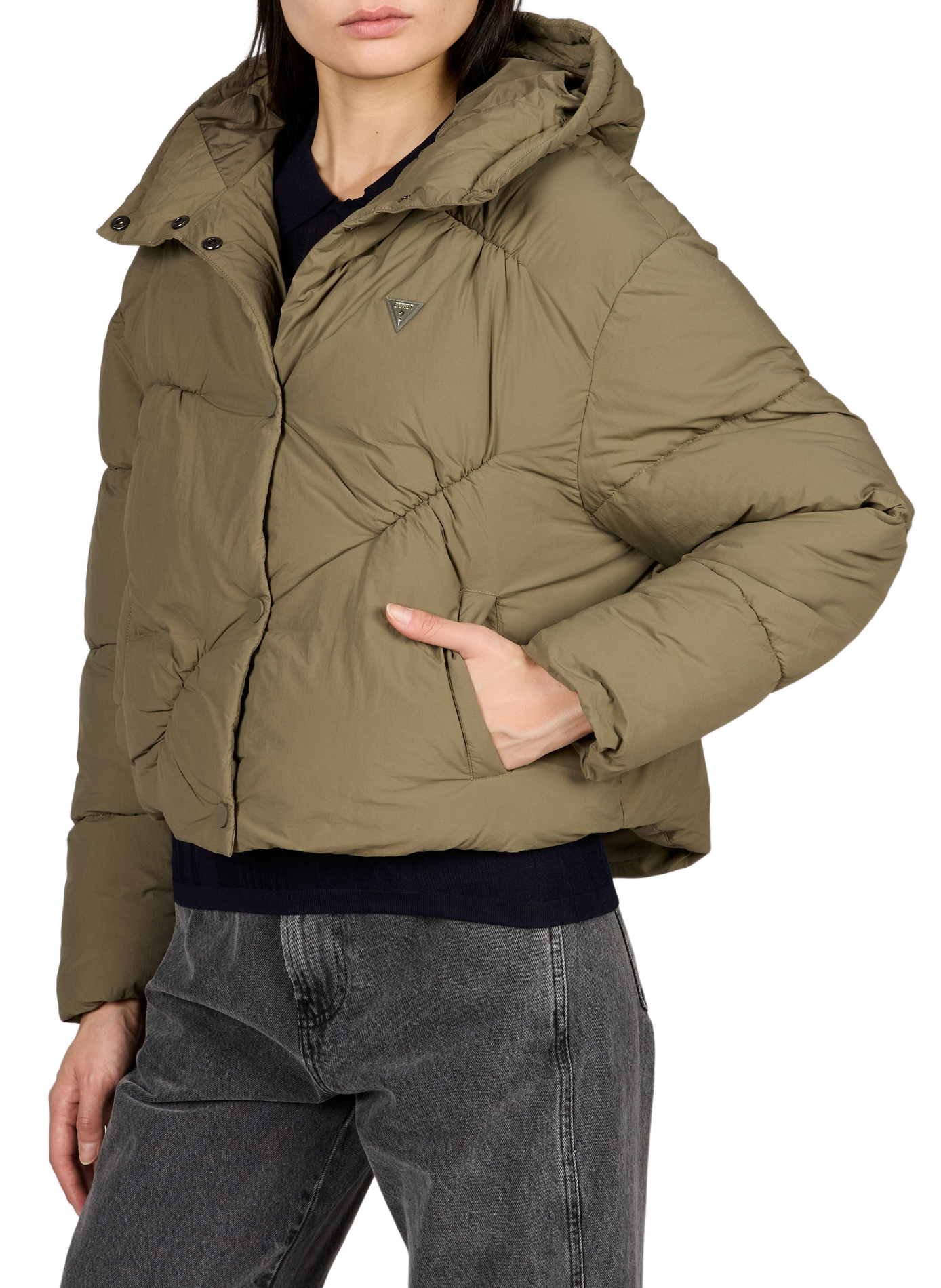 Solid straight hooded puffer coat GUESS Beige