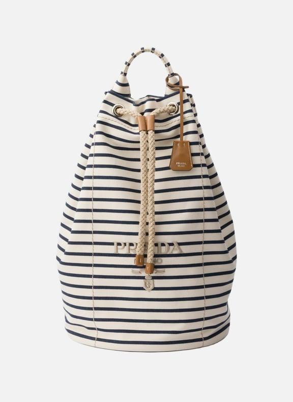 Sac marin en toile rayée avec cordon de serrage Beige by PRADA PRADA Sac marin en toile rayée avec cordon de serrage Beige