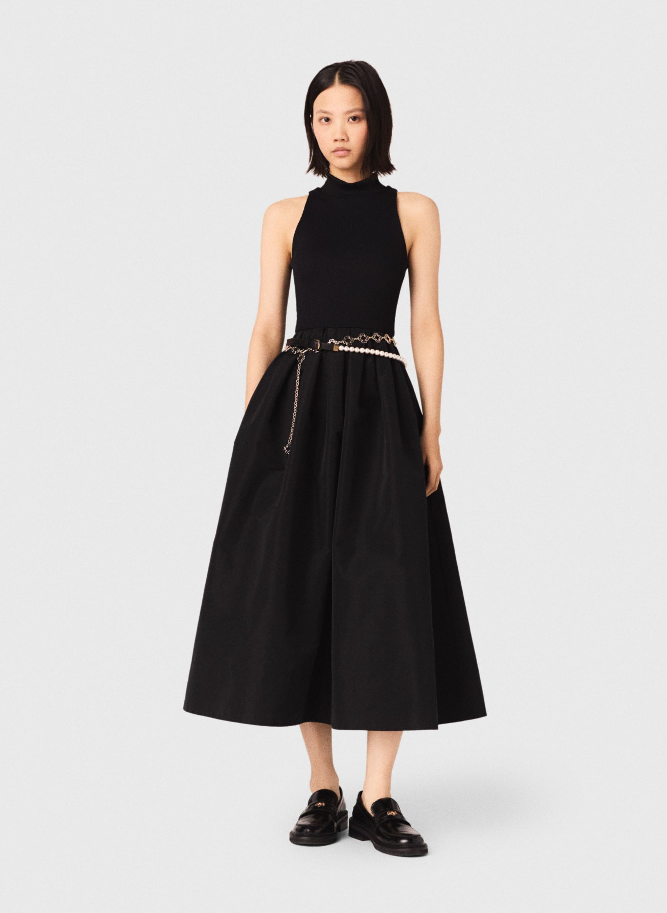 Robe midi évasée col montant MAJE Noir