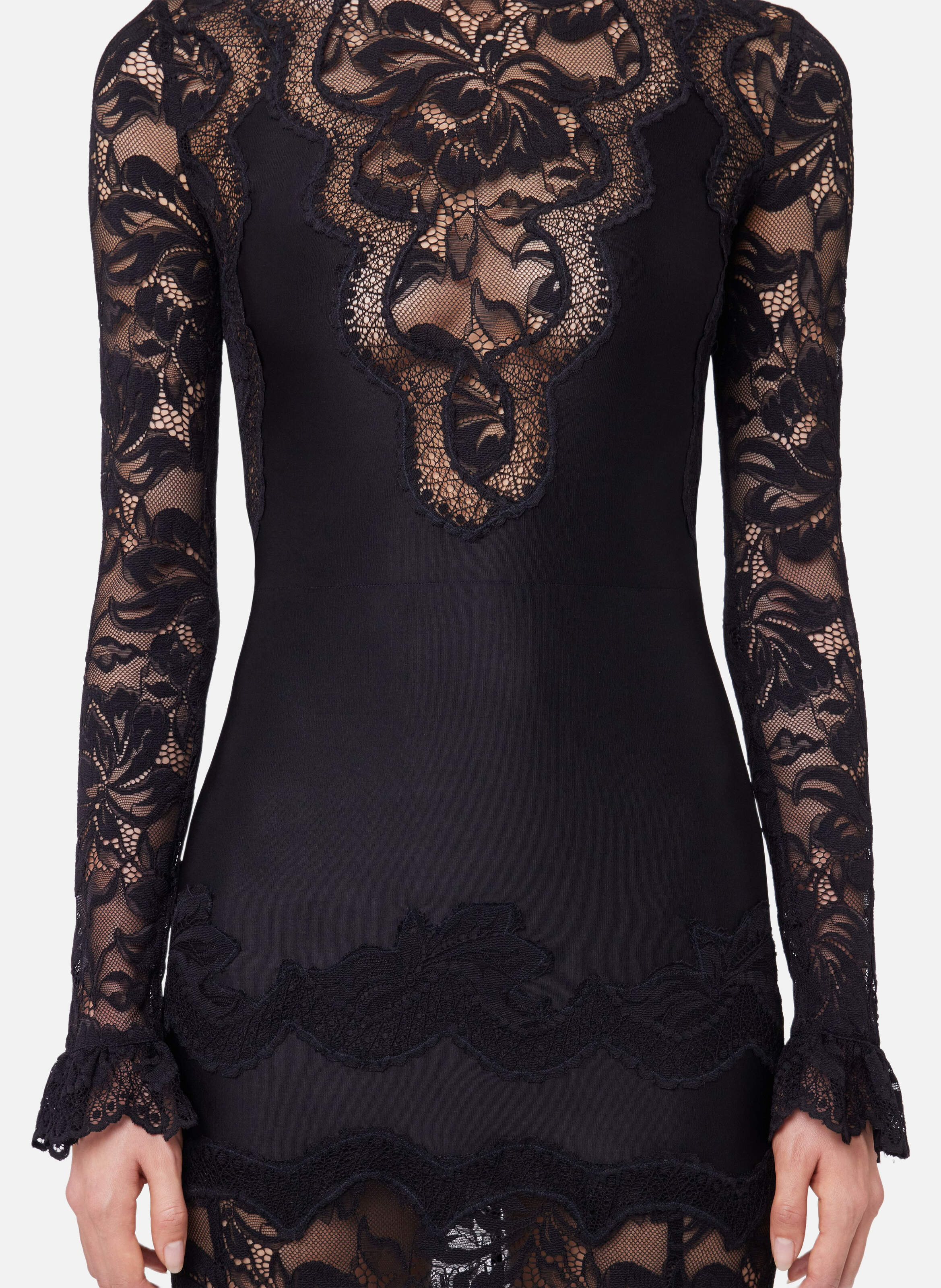Robe longue en dentelle et jersey Noir