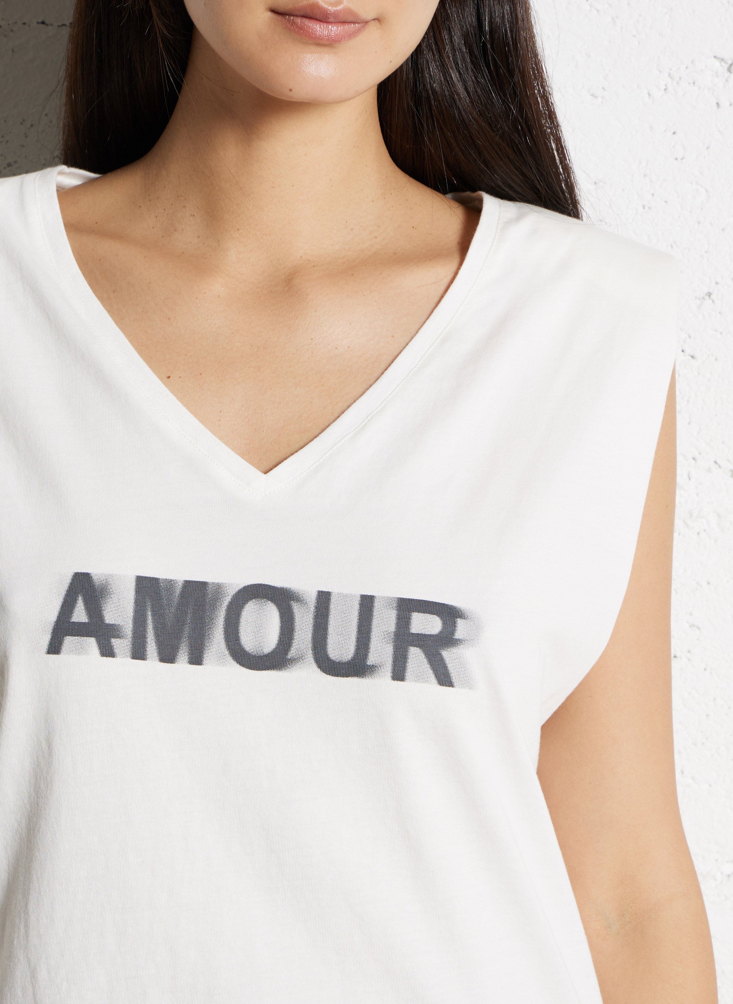 Tee-shirt droit col v en coton sérigraphié IKKS Blanc