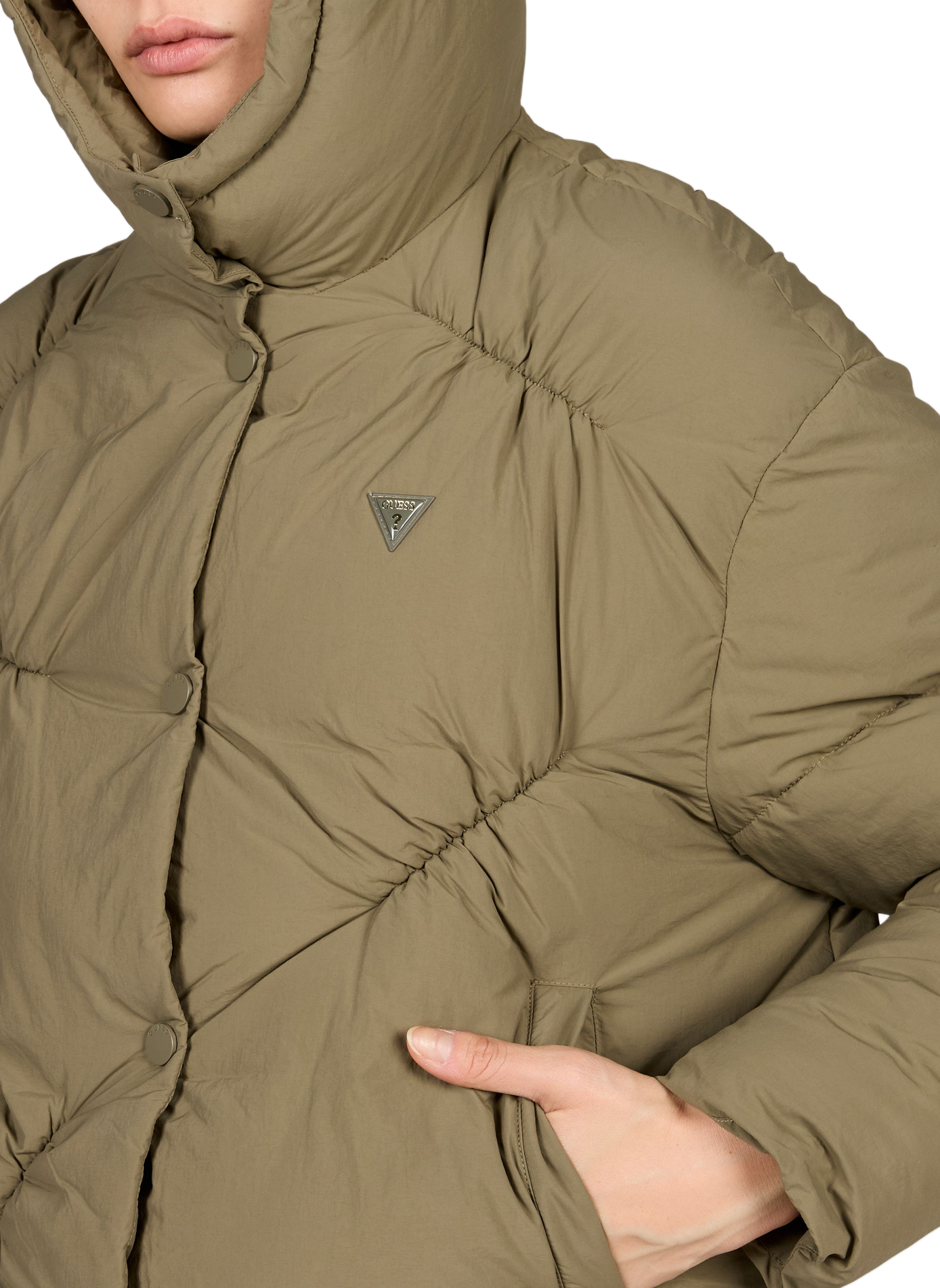 Solid straight hooded puffer coat GUESS Beige