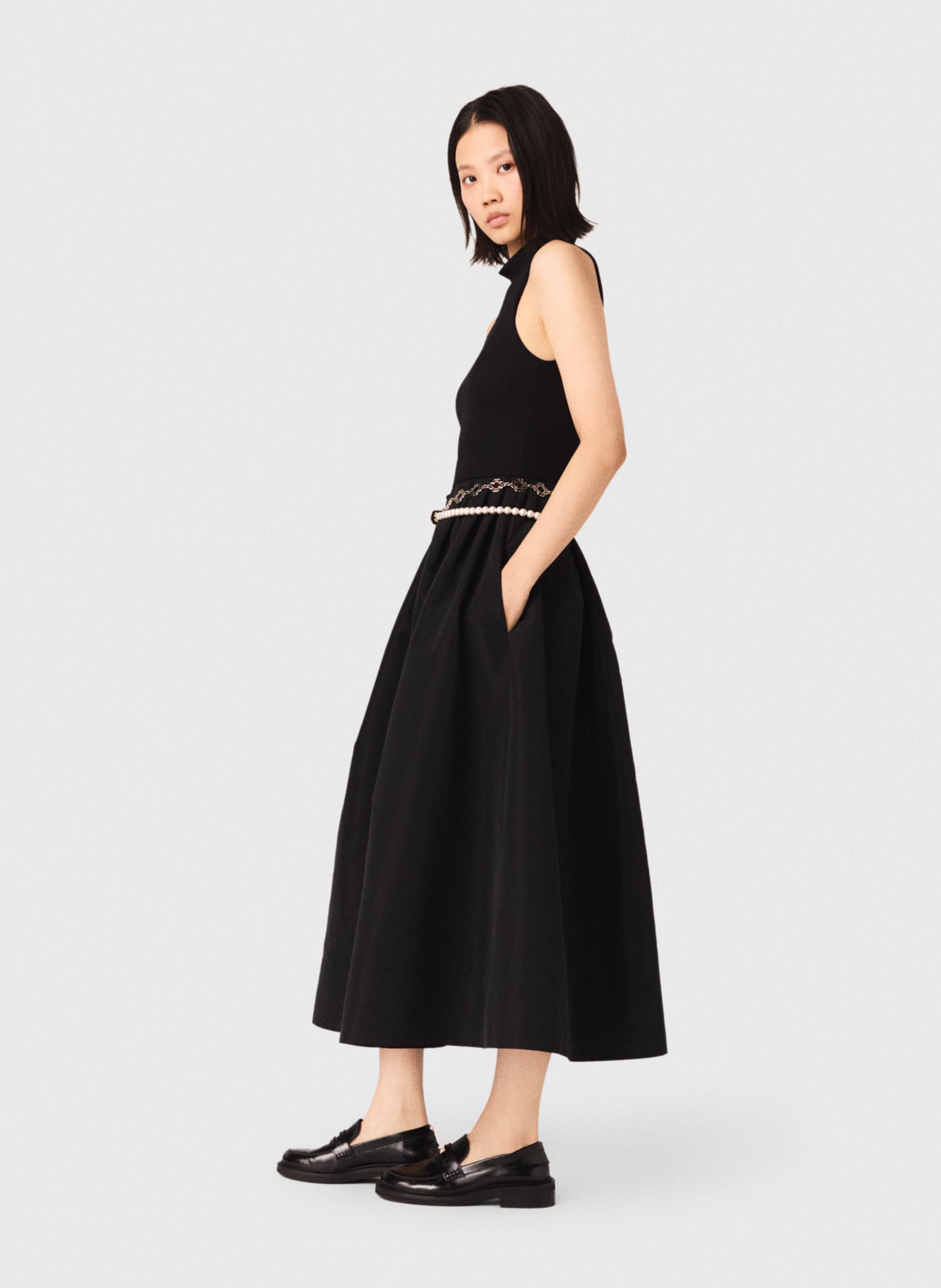Robe midi évasée col montant MAJE Noir