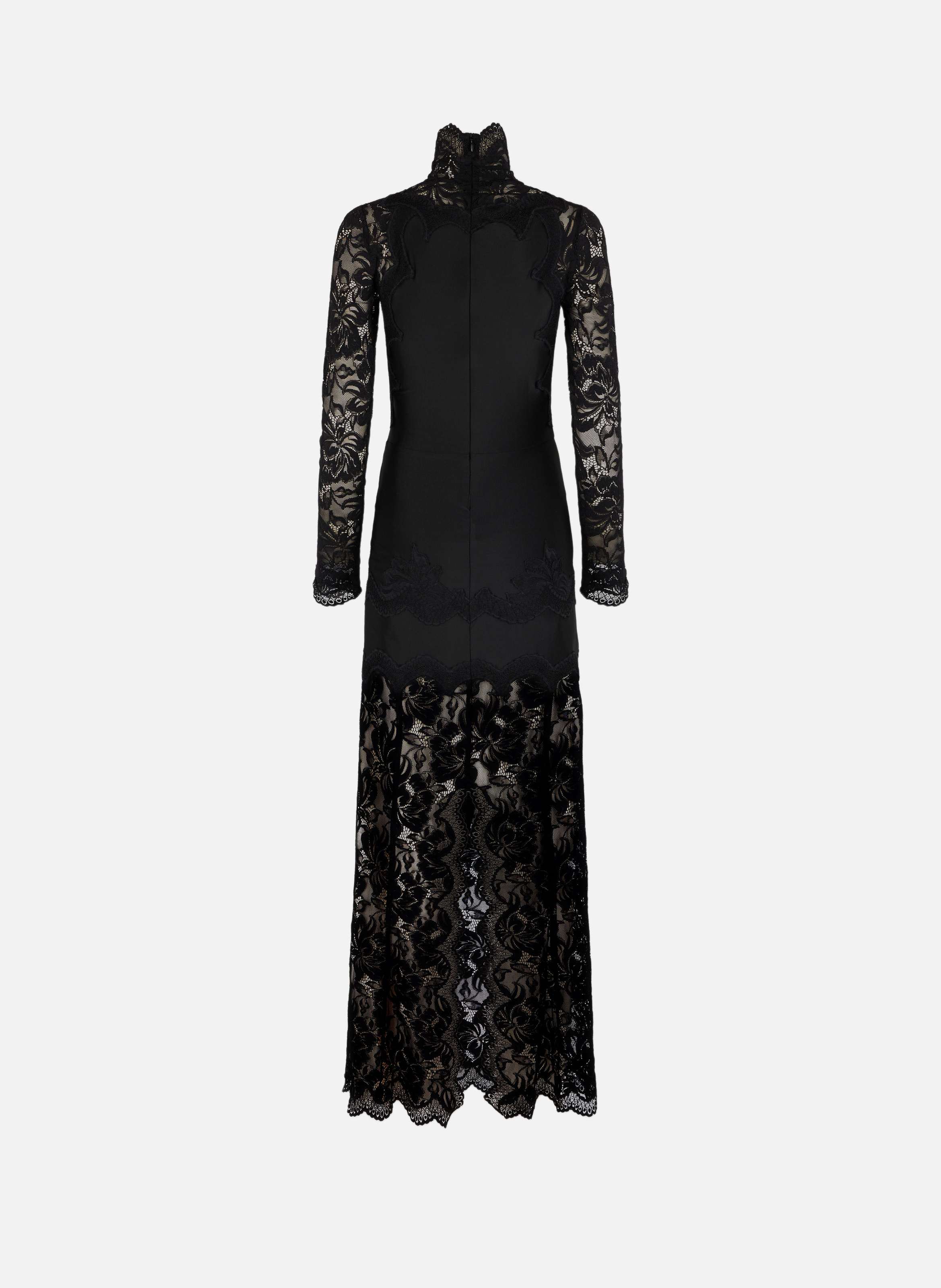 Robe longue en dentelle et jersey Noir