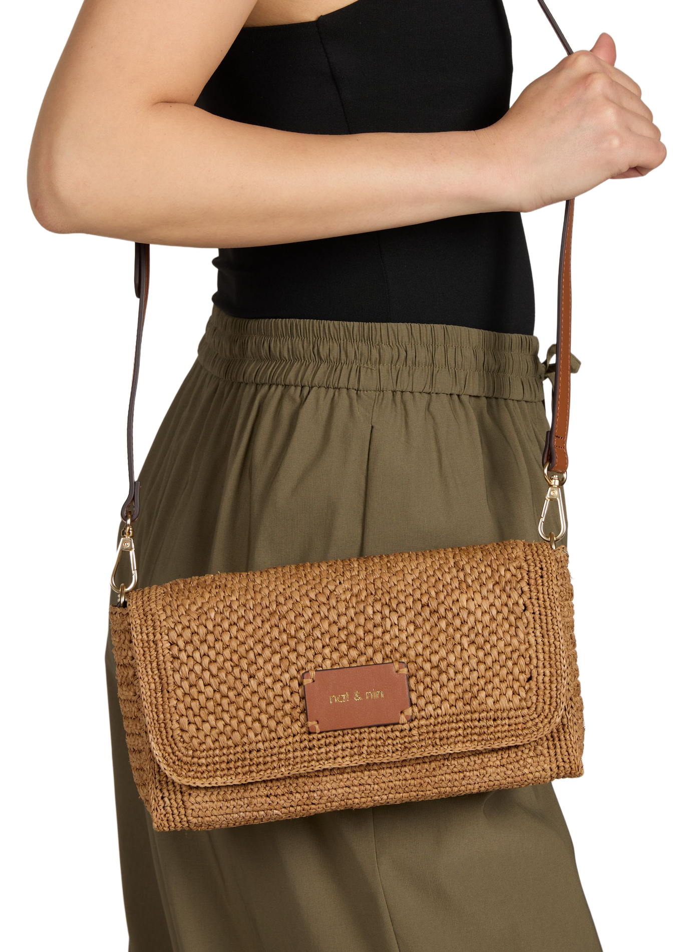Sac à bandoulière en raphia et cuir NAT & NIN Marron