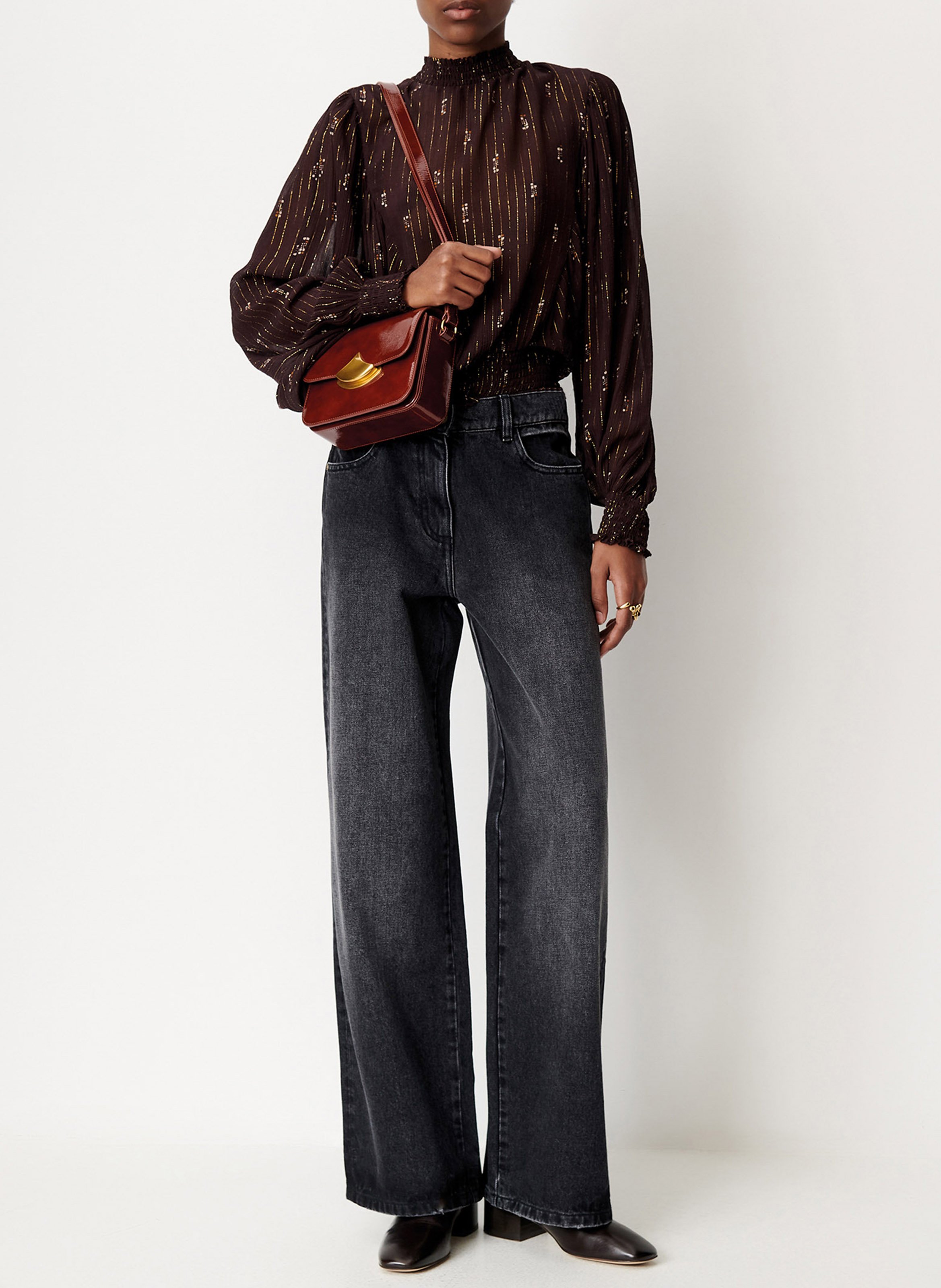 Blouse col montant droite imprimée duchess SESSUN Marron