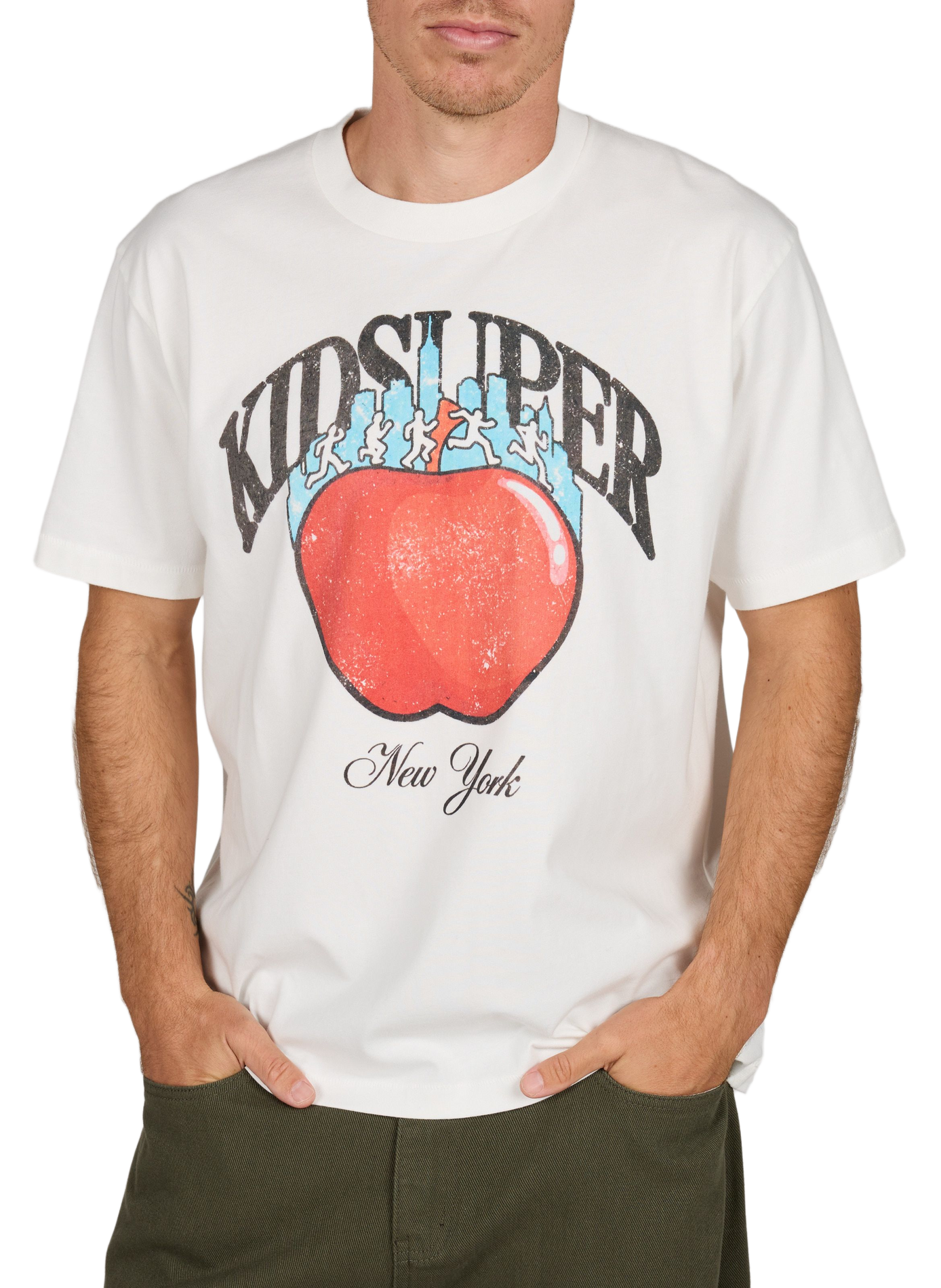 Gerader Rundhalsausschnitt bedrucktes Baumwoll-T-Shirt KIDSUPER Weiss