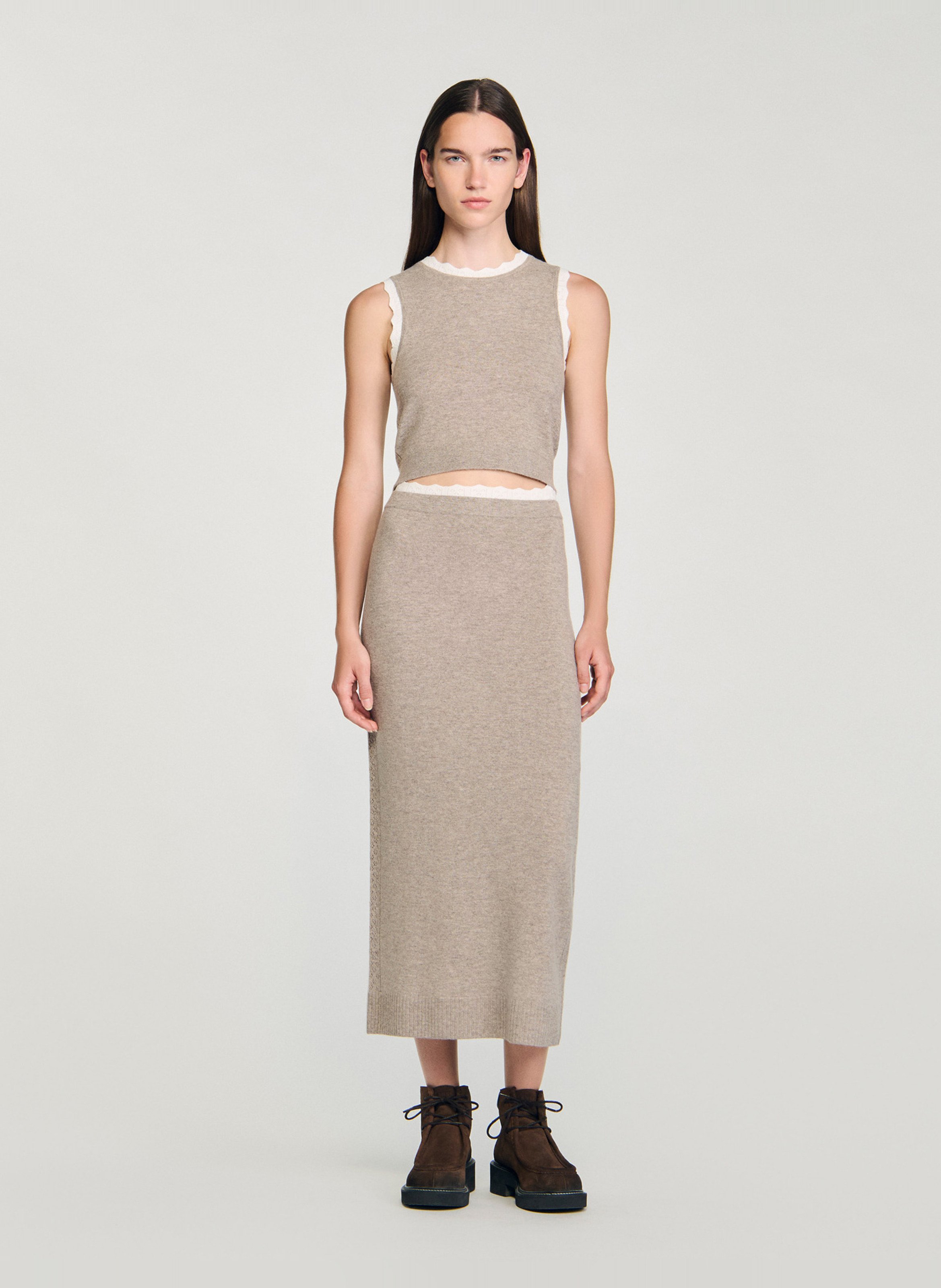 Pull court sans manches en laine mélangée Beige