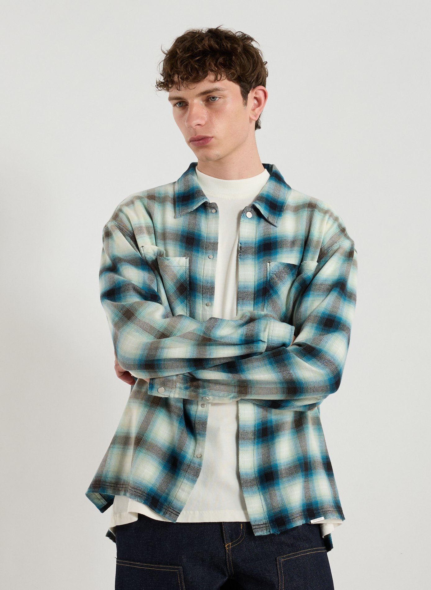 REPRESENT Chemise col classique à carreaux en coton mélangée Bleu