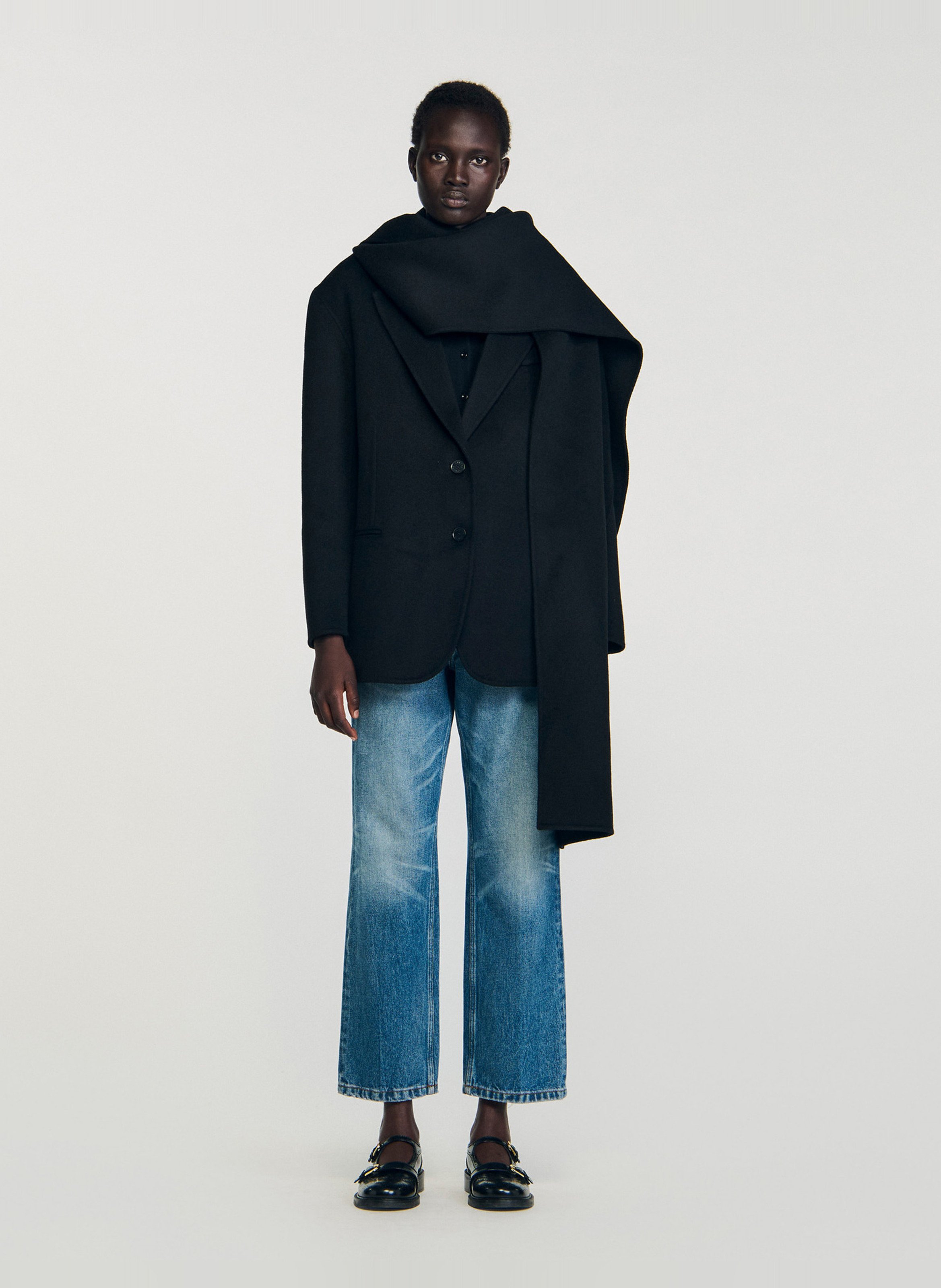 Manteau écharpe 2-en-1 en laine SANDRO Noir