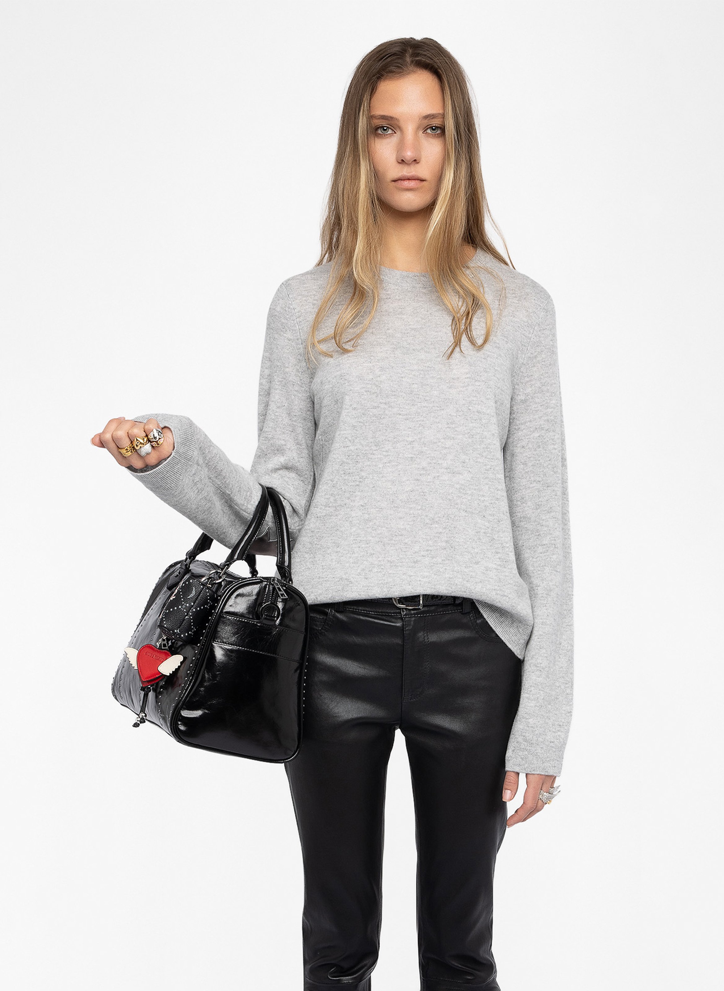 Pull col rond avec patchs en cuir cara ZADIG&VOLTAIRE Gris