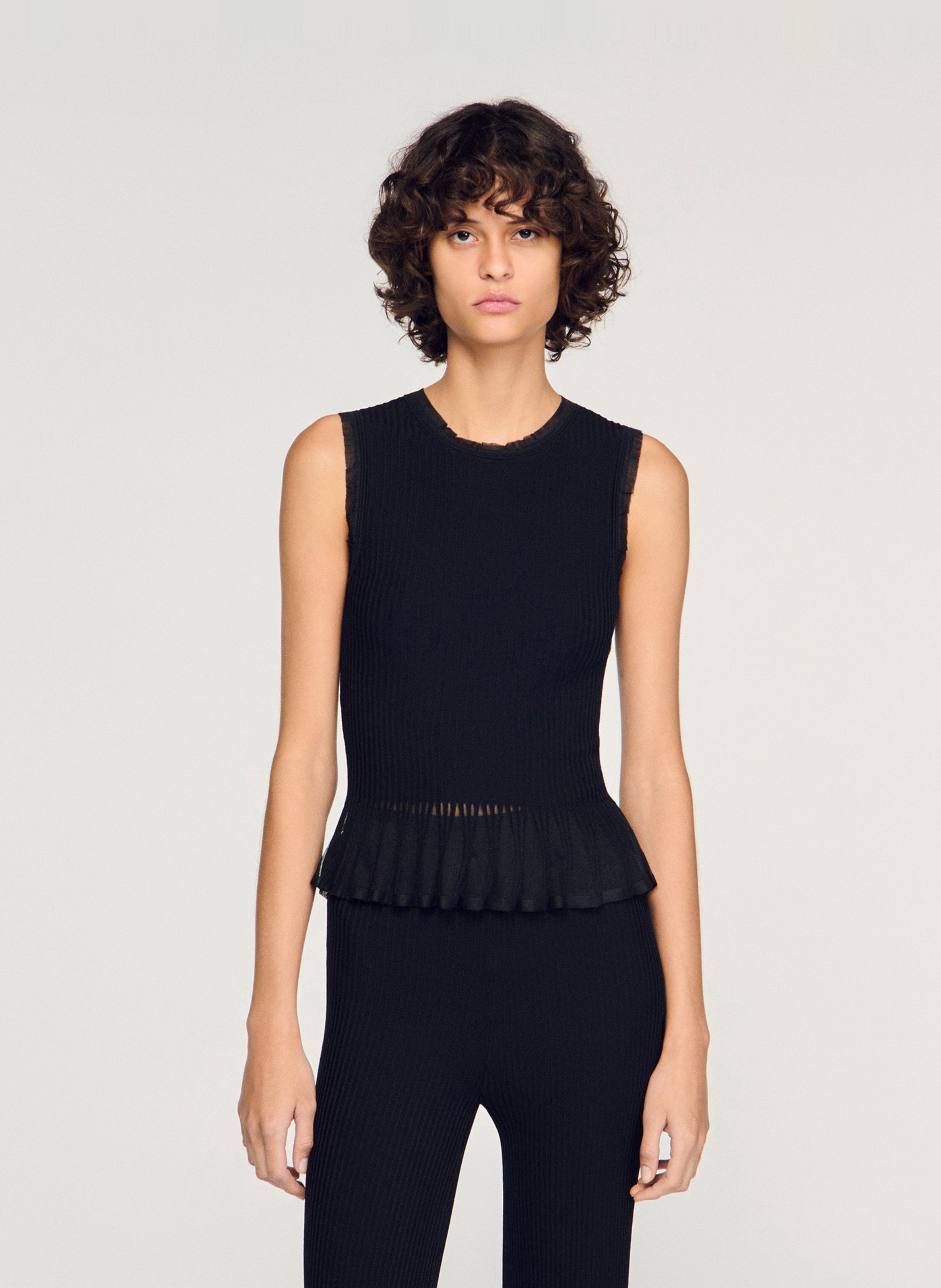 Top à volants en maille ajusté SANDRO Noir