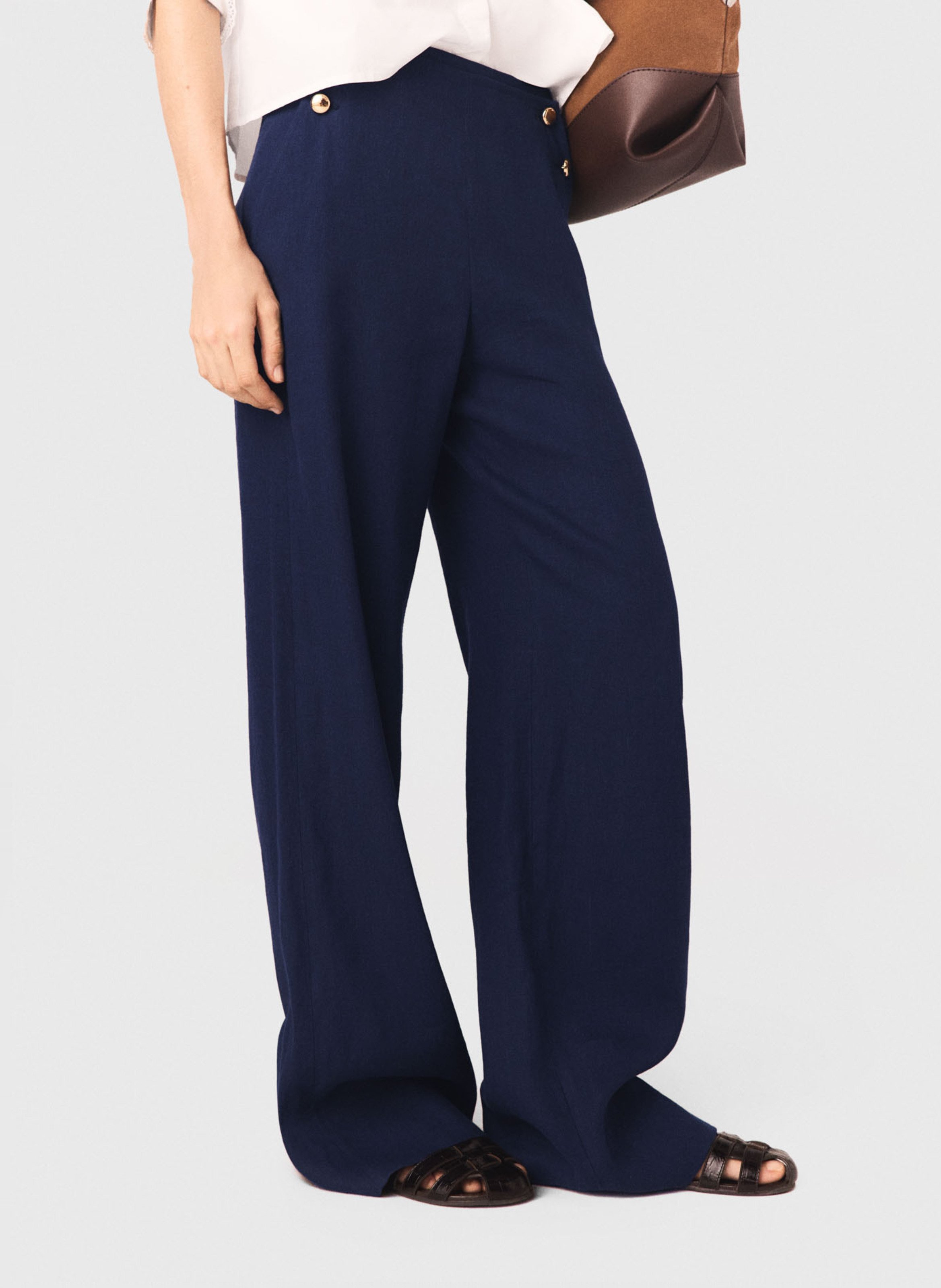 Pantalon large boutonné en lin mélangé MAJE Bleu