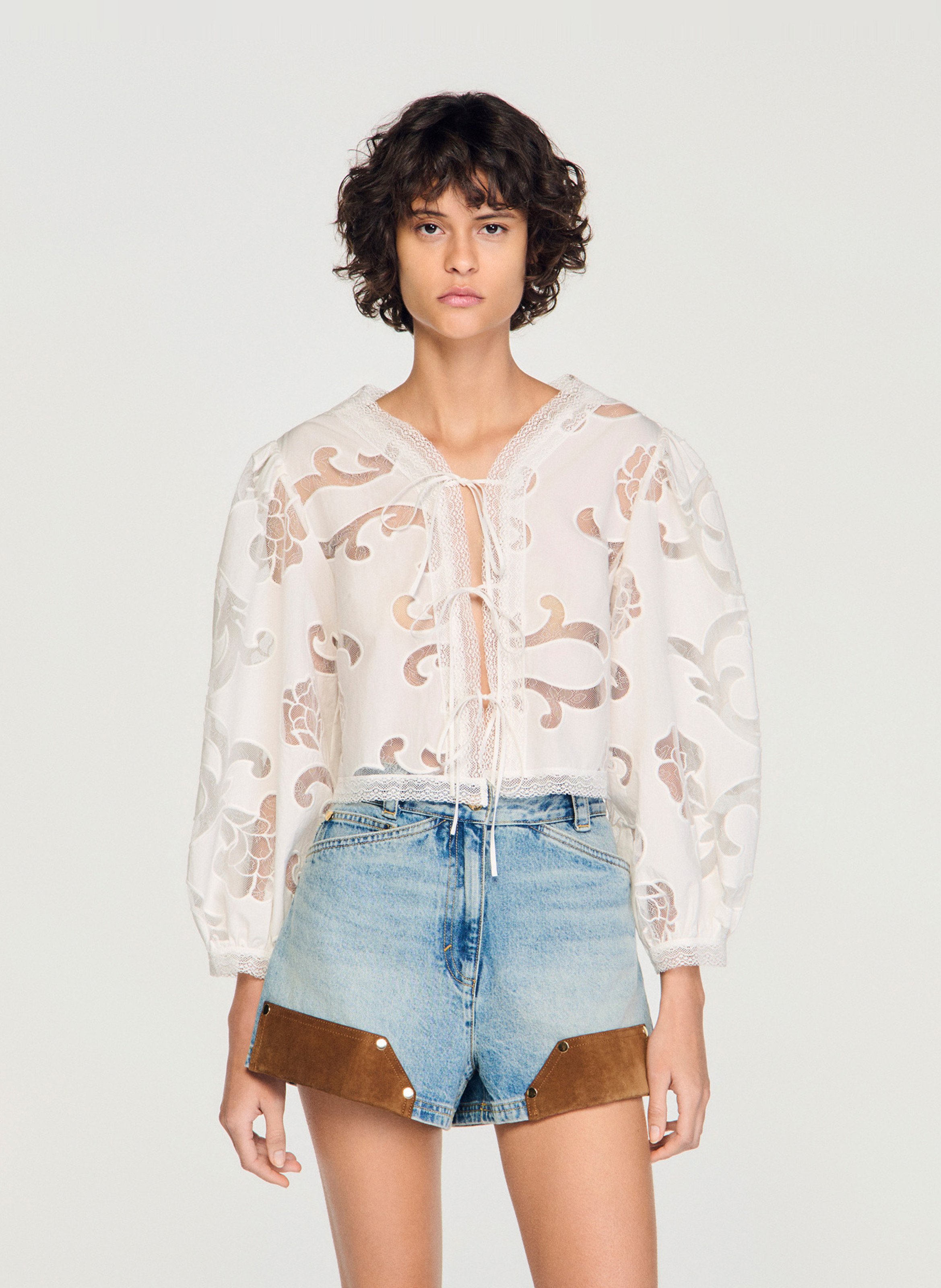 Blouse col rond en coton mélangé SANDRO Beige