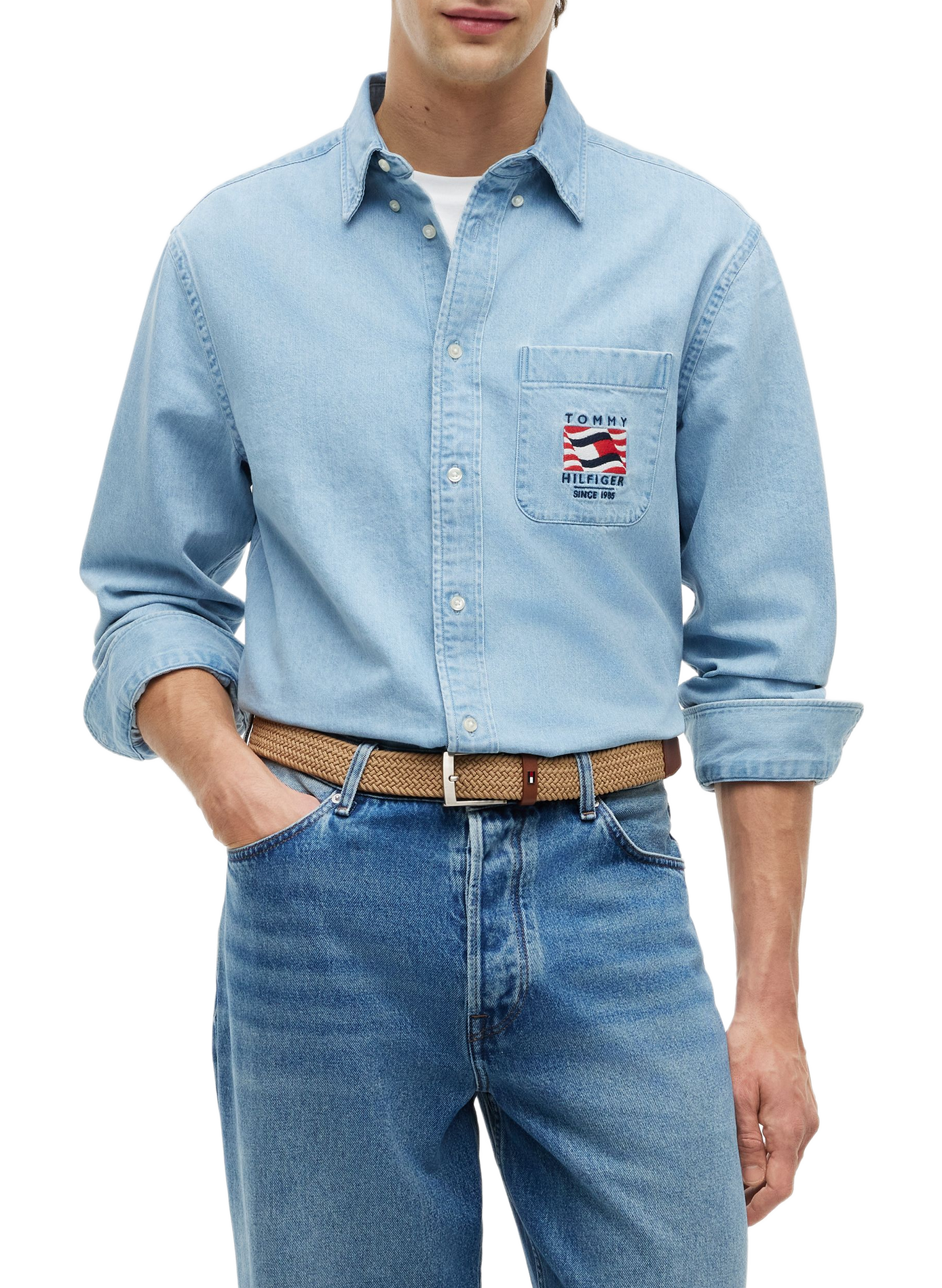 Denim shirt with embroidered logo in cotton TOMMY HILFIGER Blue