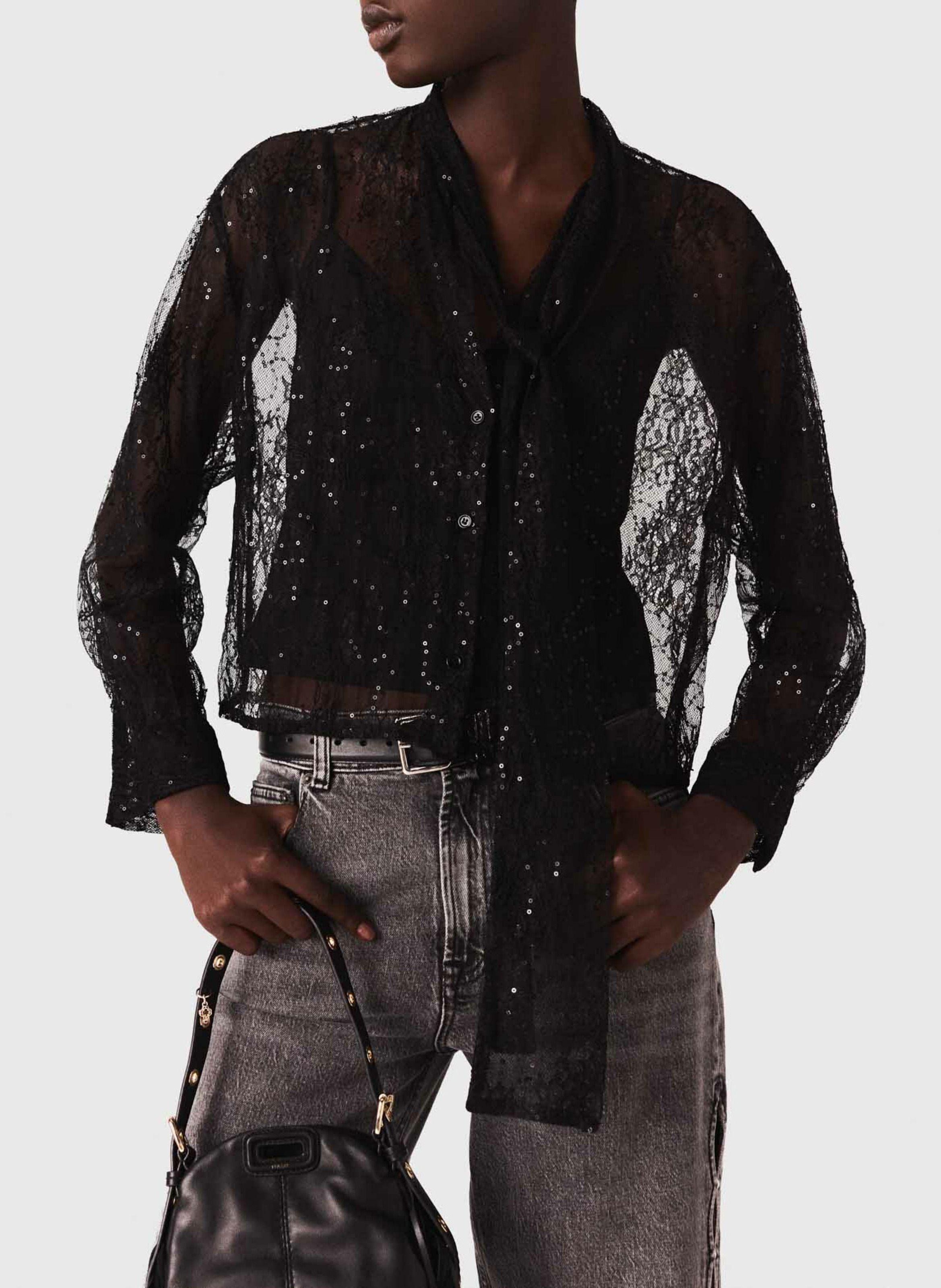 Chemise droite col lavallière à dentelle MAJE Noir