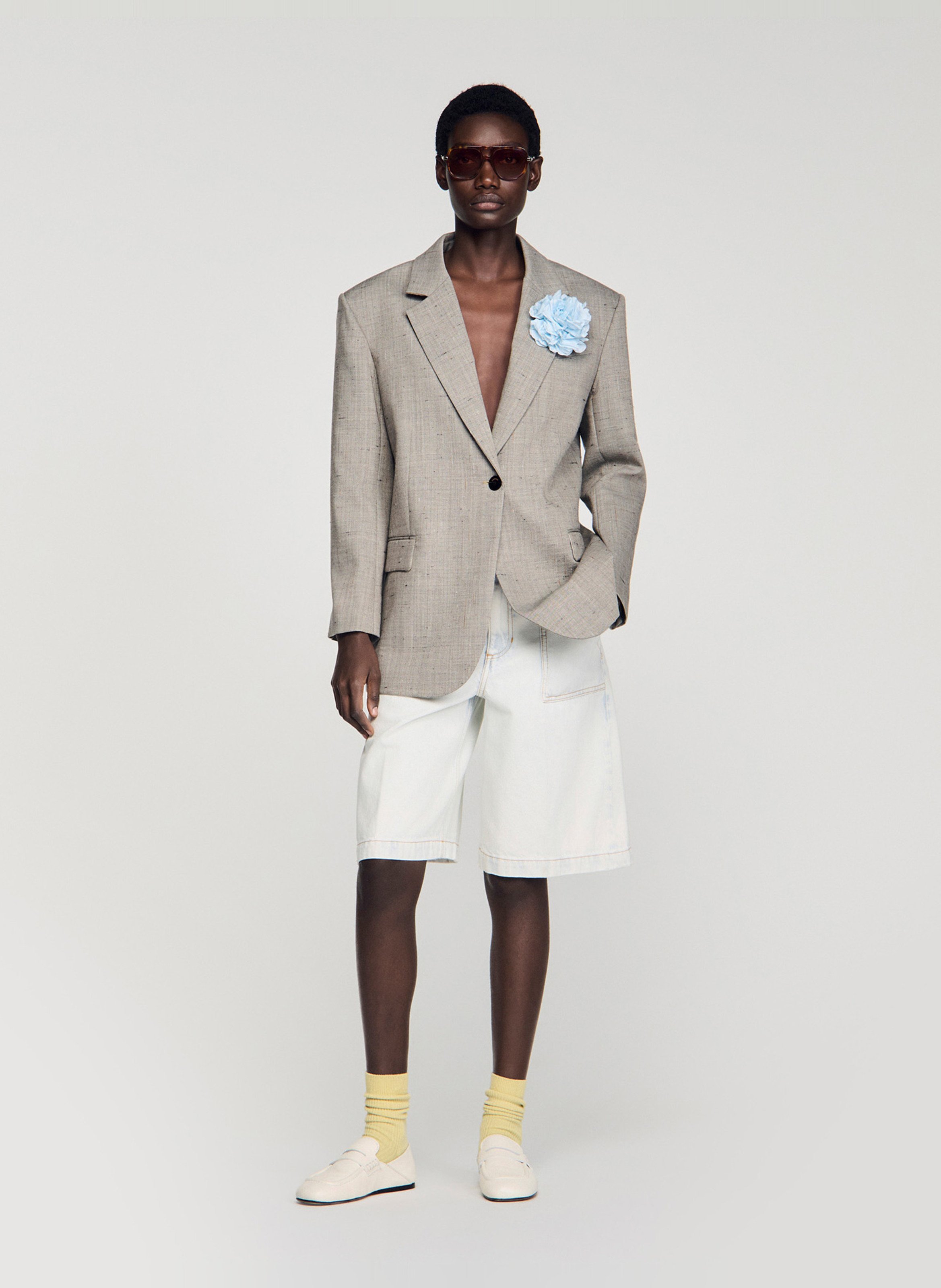 Veste tailleur droite en laine mélangée imprimée SANDRO Beige