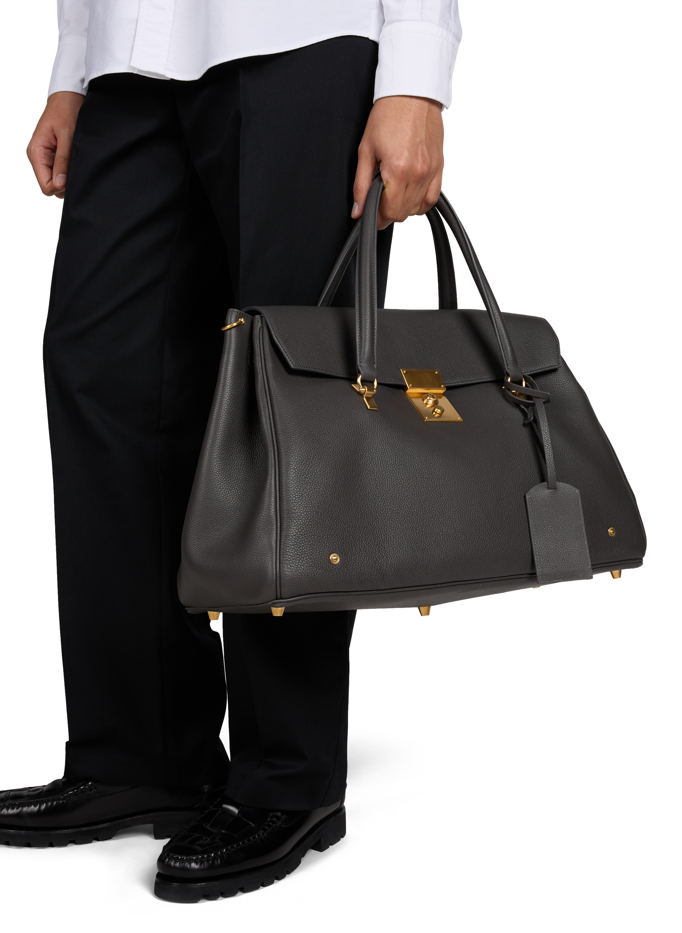 Sac week-end en cuir grainé THOM BROWNE Gris