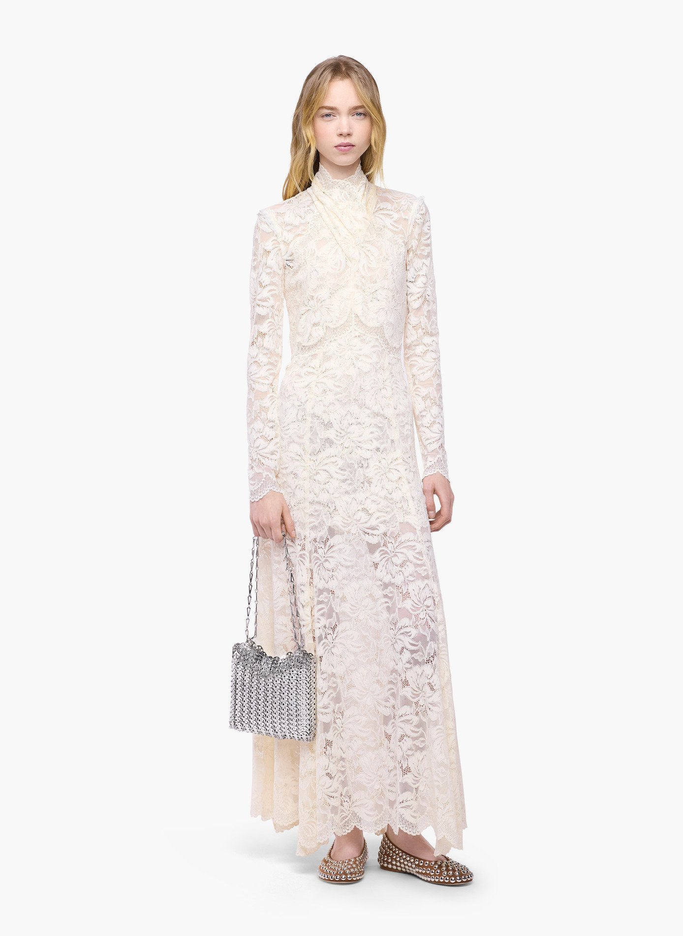 Robe longue en dentelle col montant RABANNE Blanc