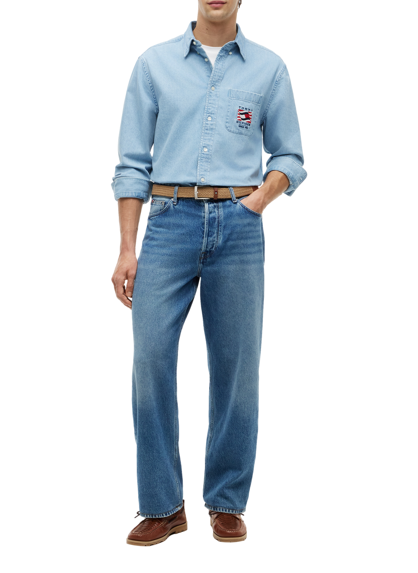 Denim shirt with embroidered logo in cotton TOMMY HILFIGER Blue