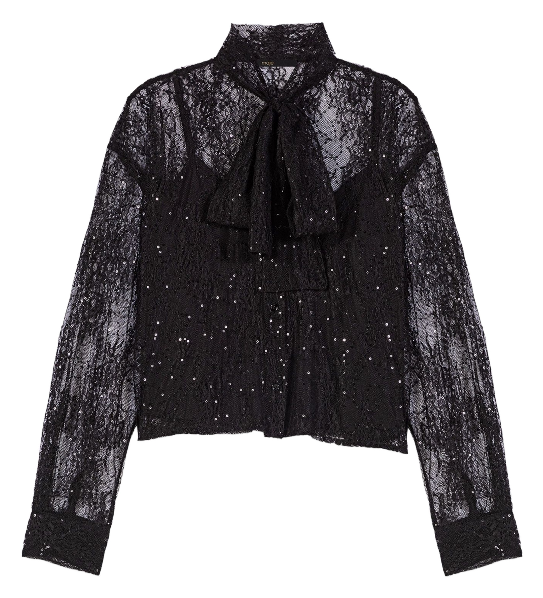 Chemise droite col lavallière à dentelle MAJE Noir