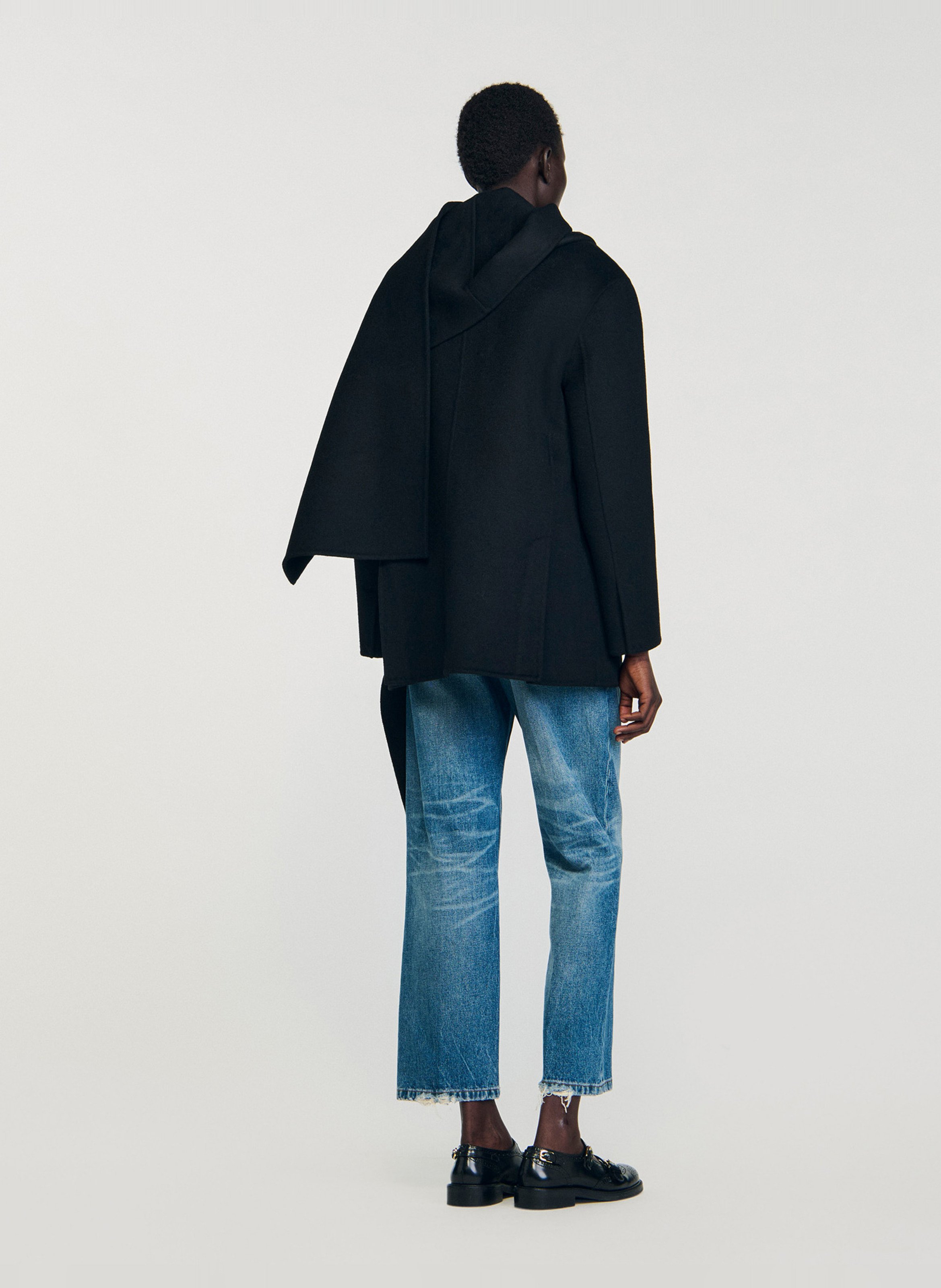 Manteau écharpe 2-en-1 en laine SANDRO Noir