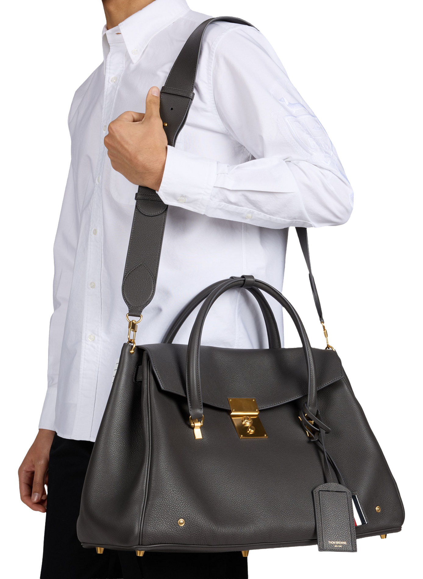 Sac week-end en cuir grainé THOM BROWNE Gris