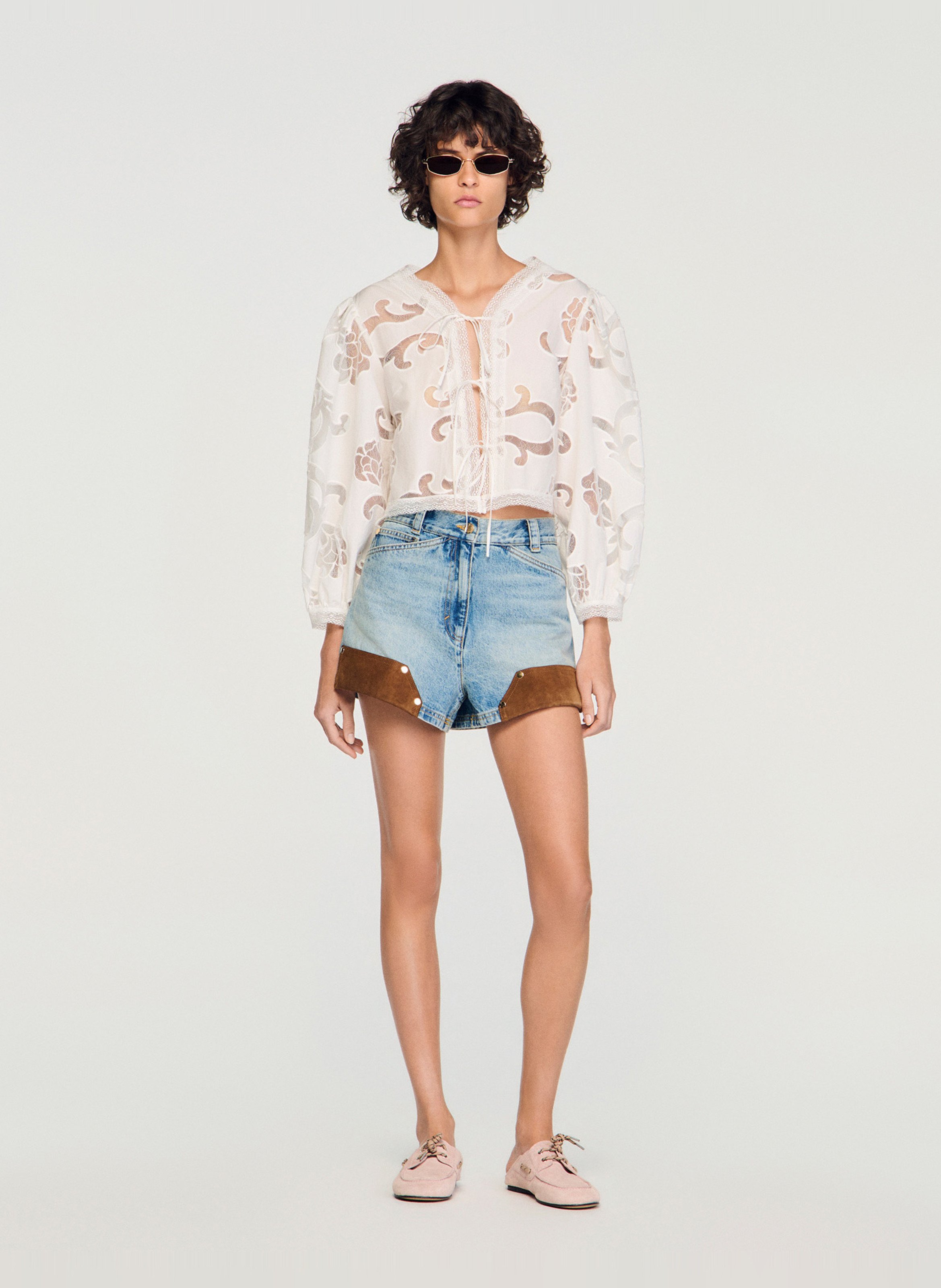 Blouse col rond en coton mélangé SANDRO Beige