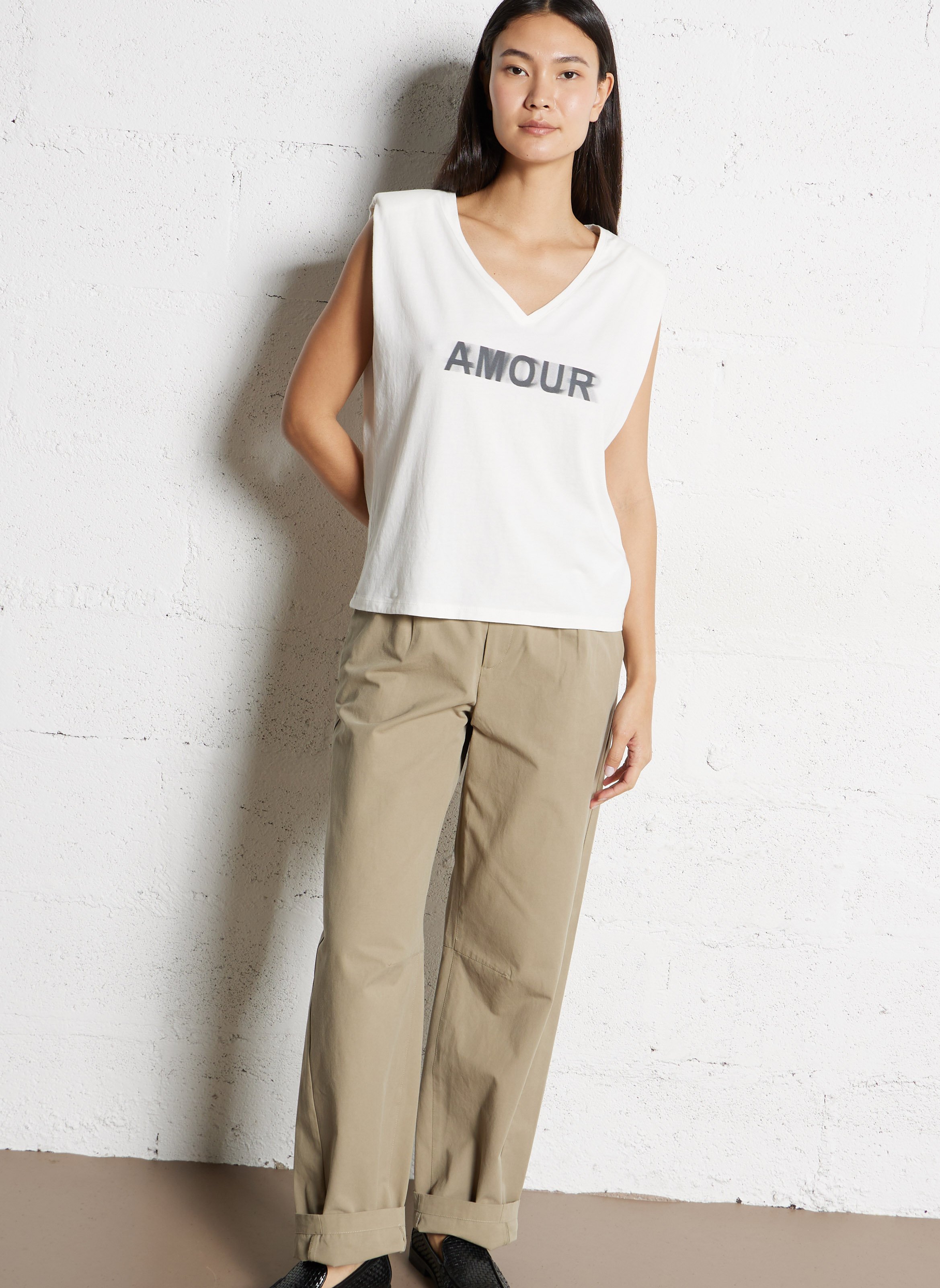 Tee-shirt droit col v en coton sérigraphié IKKS Blanc