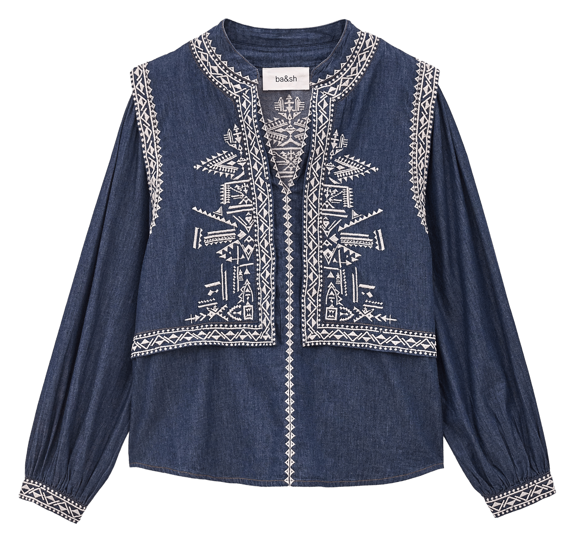 Rechte blouse met Tunesische kraag en geborduurd Laura. BA&SH Blauw