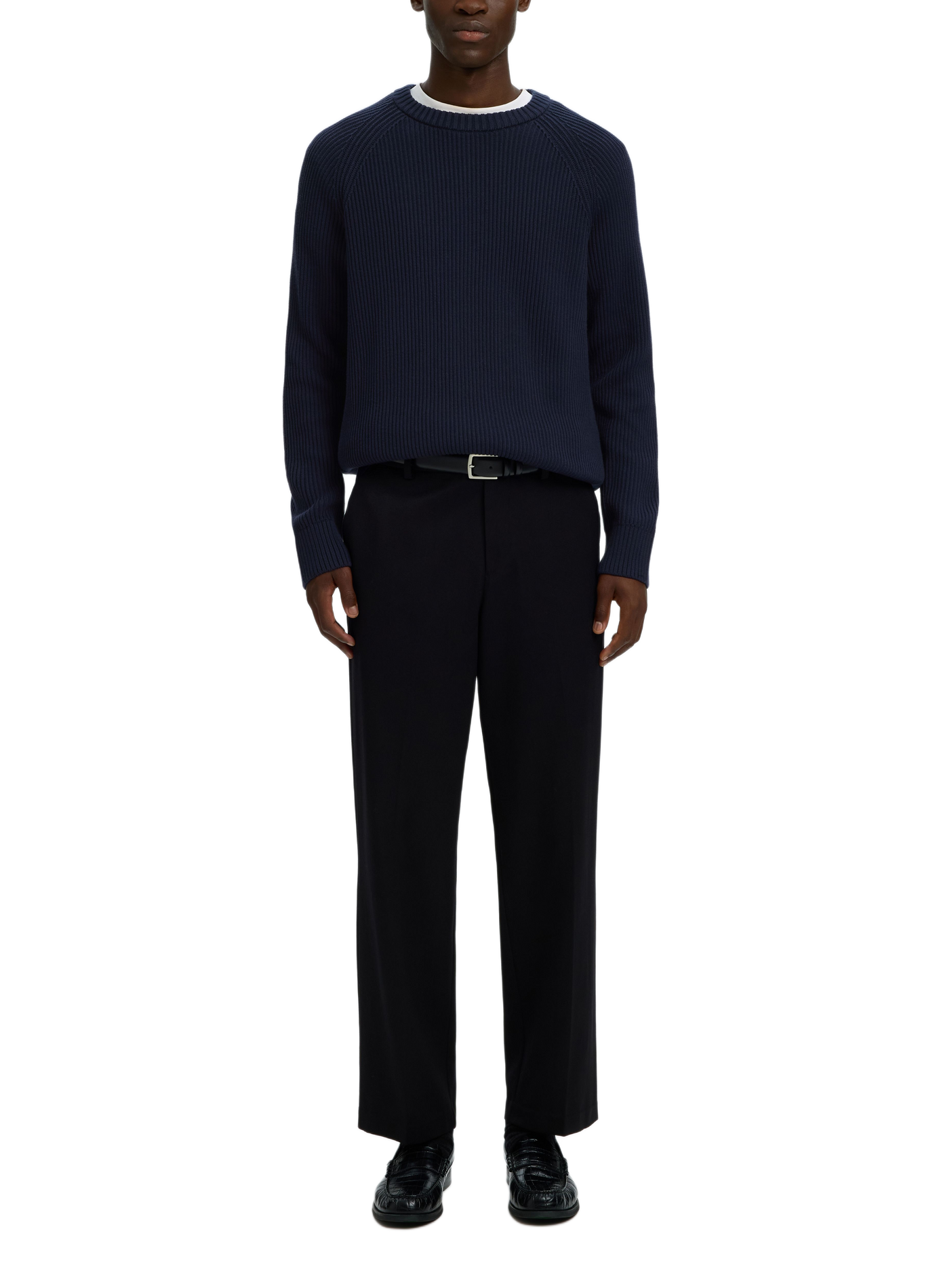 Rechte katoenen trui met geribbelde structuur | Blauw SELECTED Heren