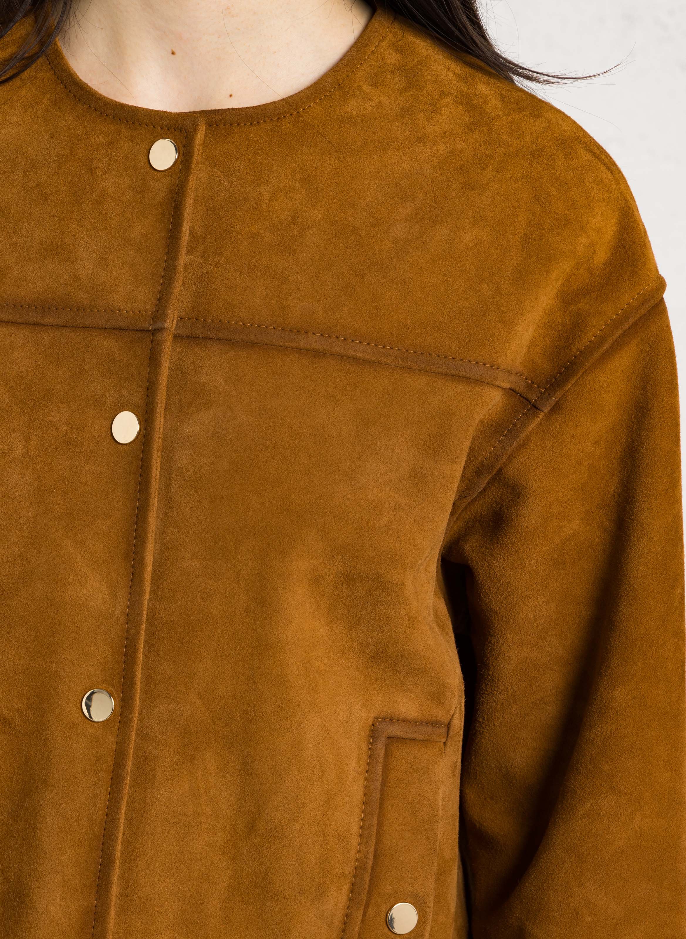 Veste droite col rond en cuir velours vip MAISON 123 Marron