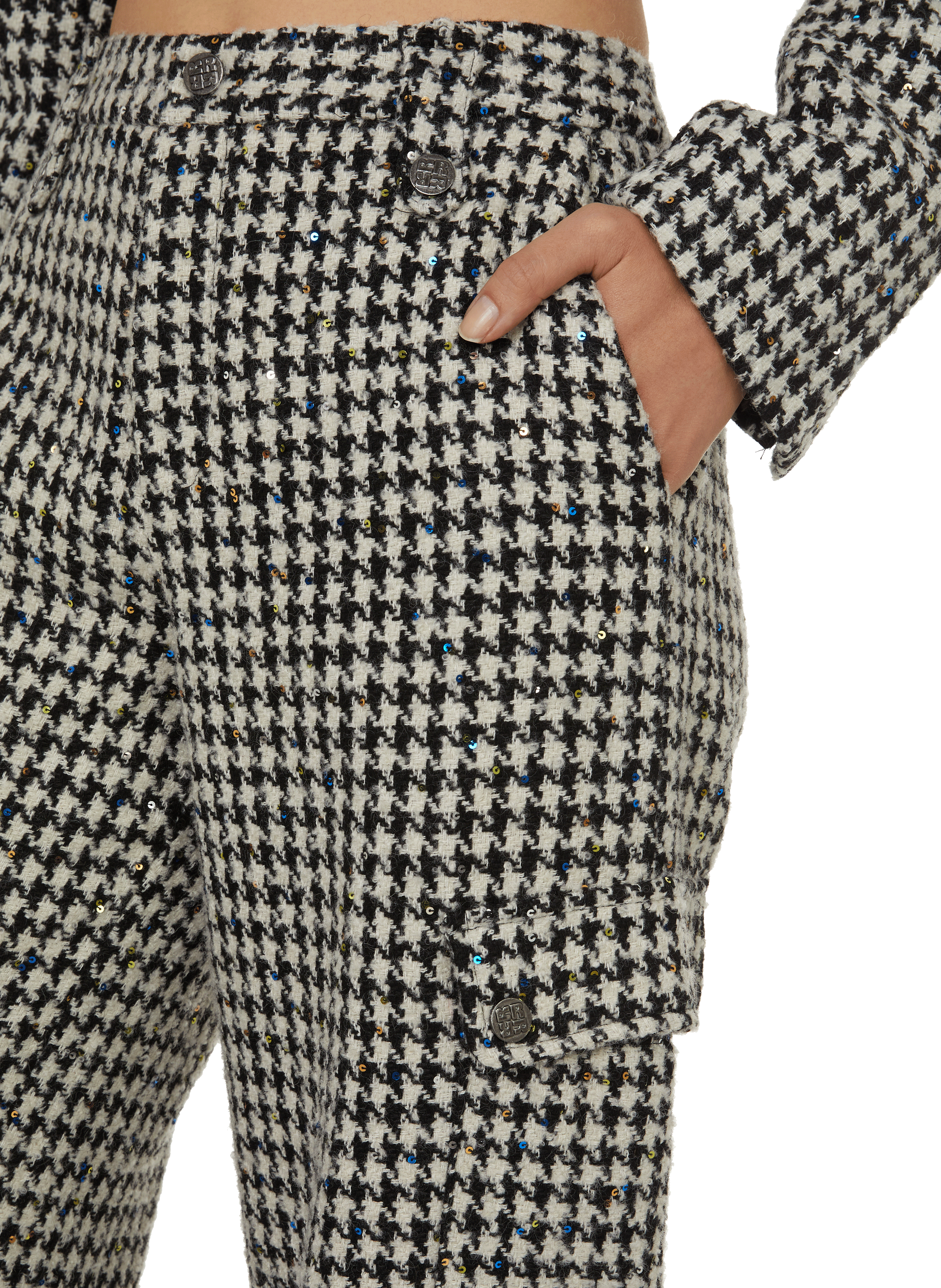 Pantalon large pied de poule et sequins en laine vierge mélangée ROTATE Noir