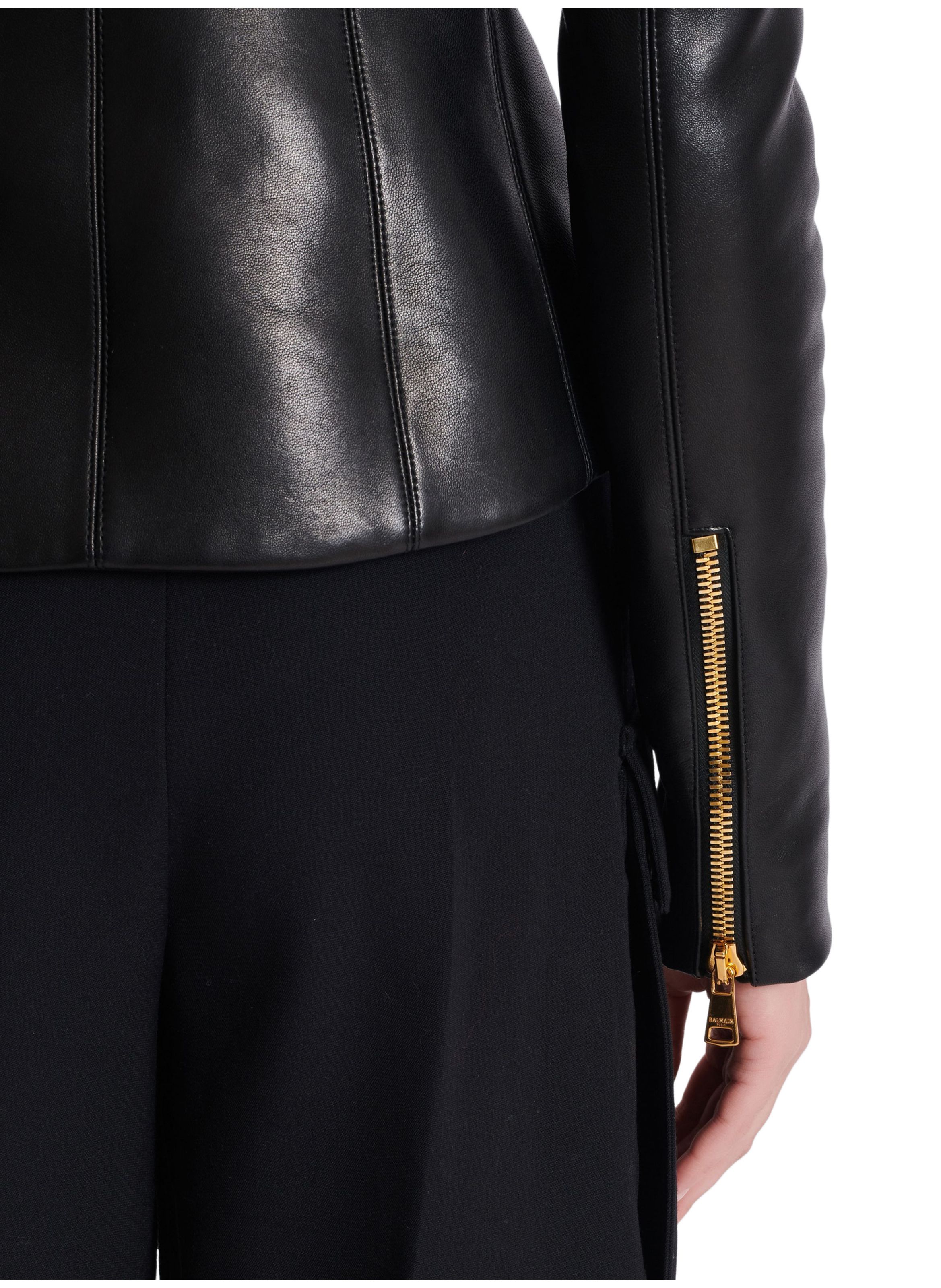 Veste courte à basque en cuir d'agneau BALMAIN Noir