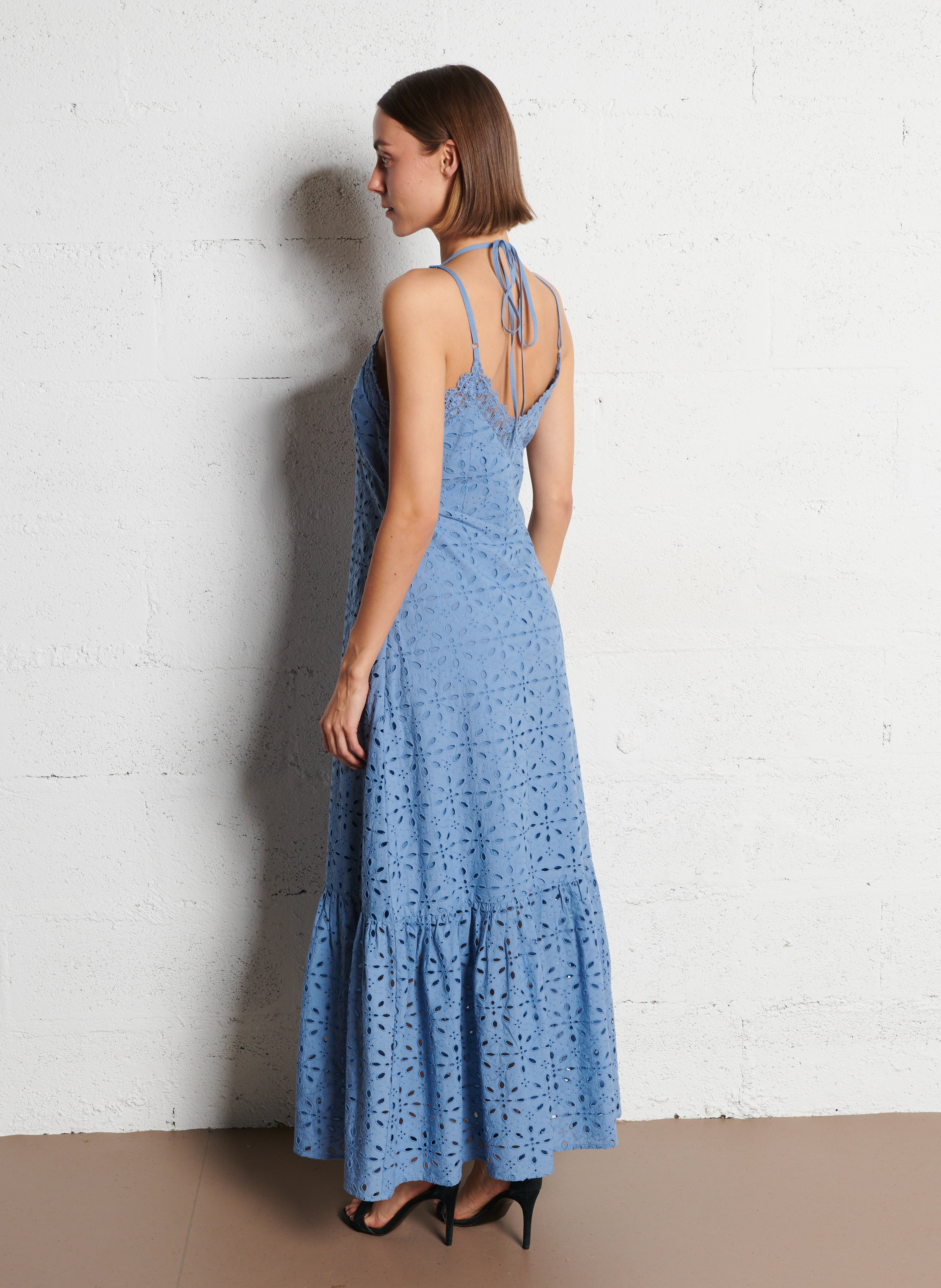 Robe longue col v brodée IKKS Bleu