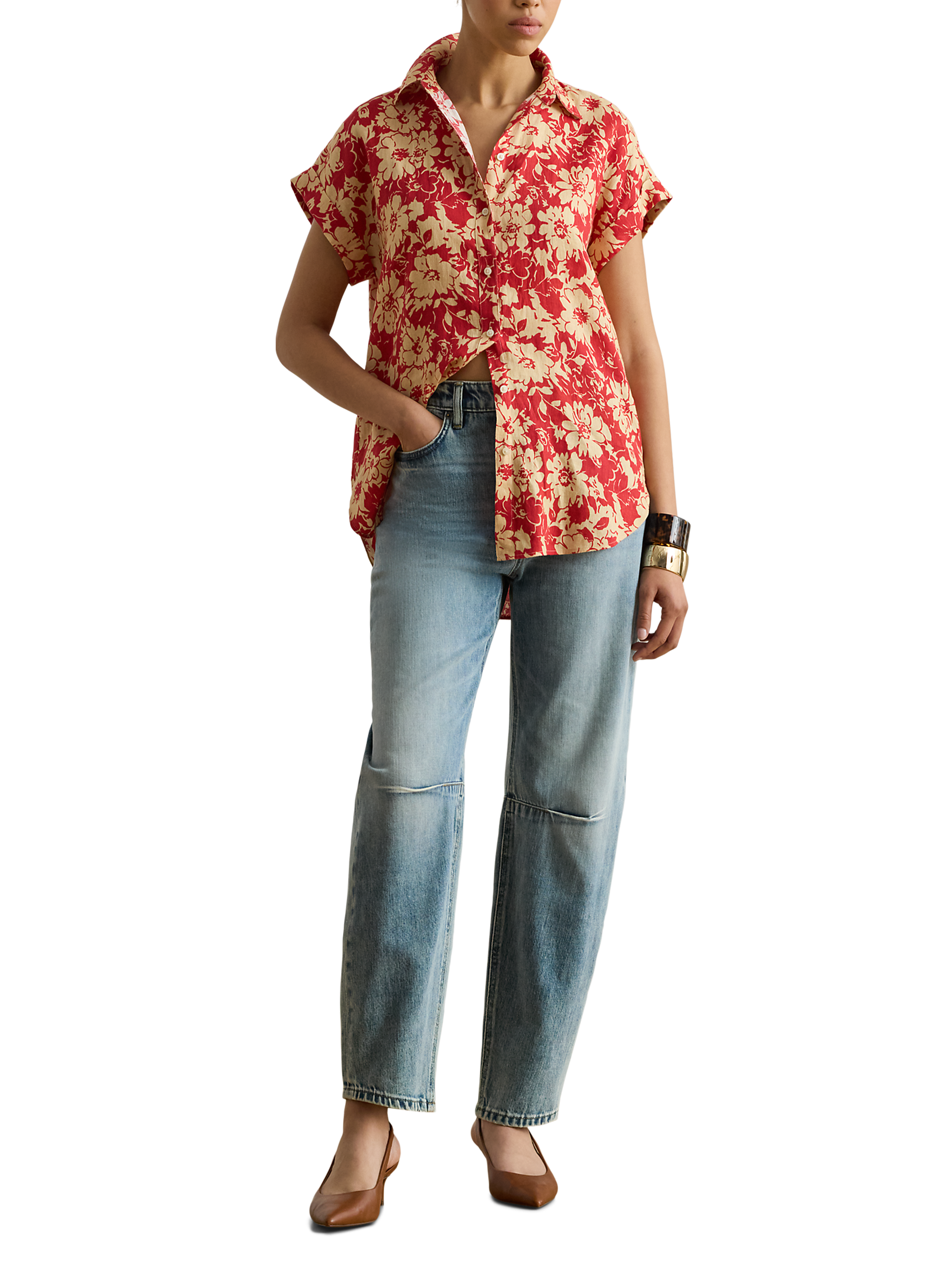 Short-sleeved linen shirt with flowers LAUREN Red