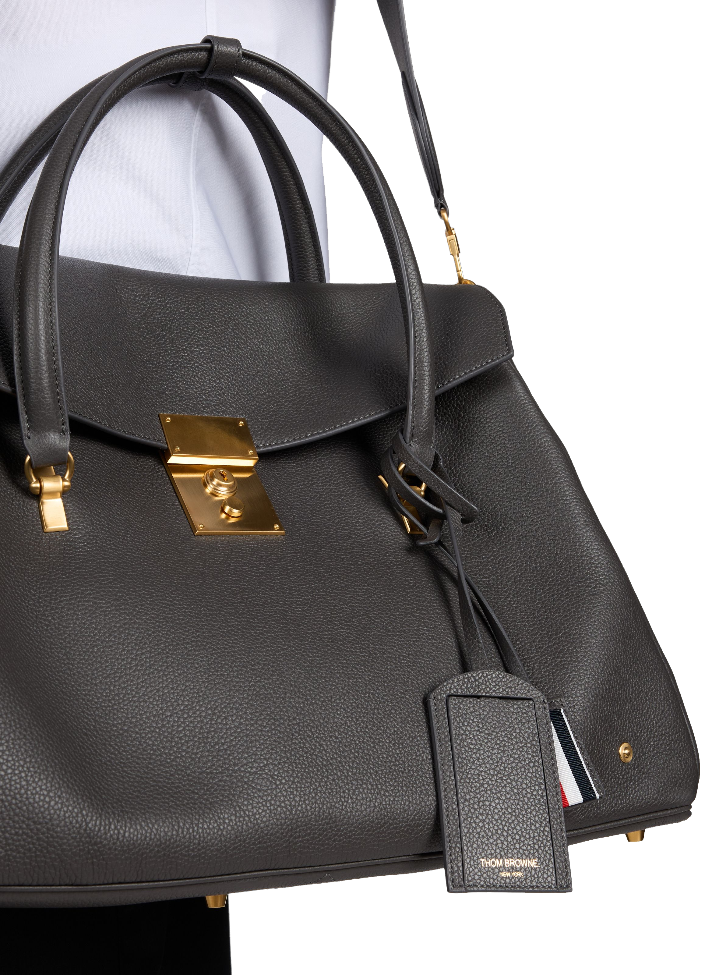 Sac week-end en cuir grainé THOM BROWNE Gris