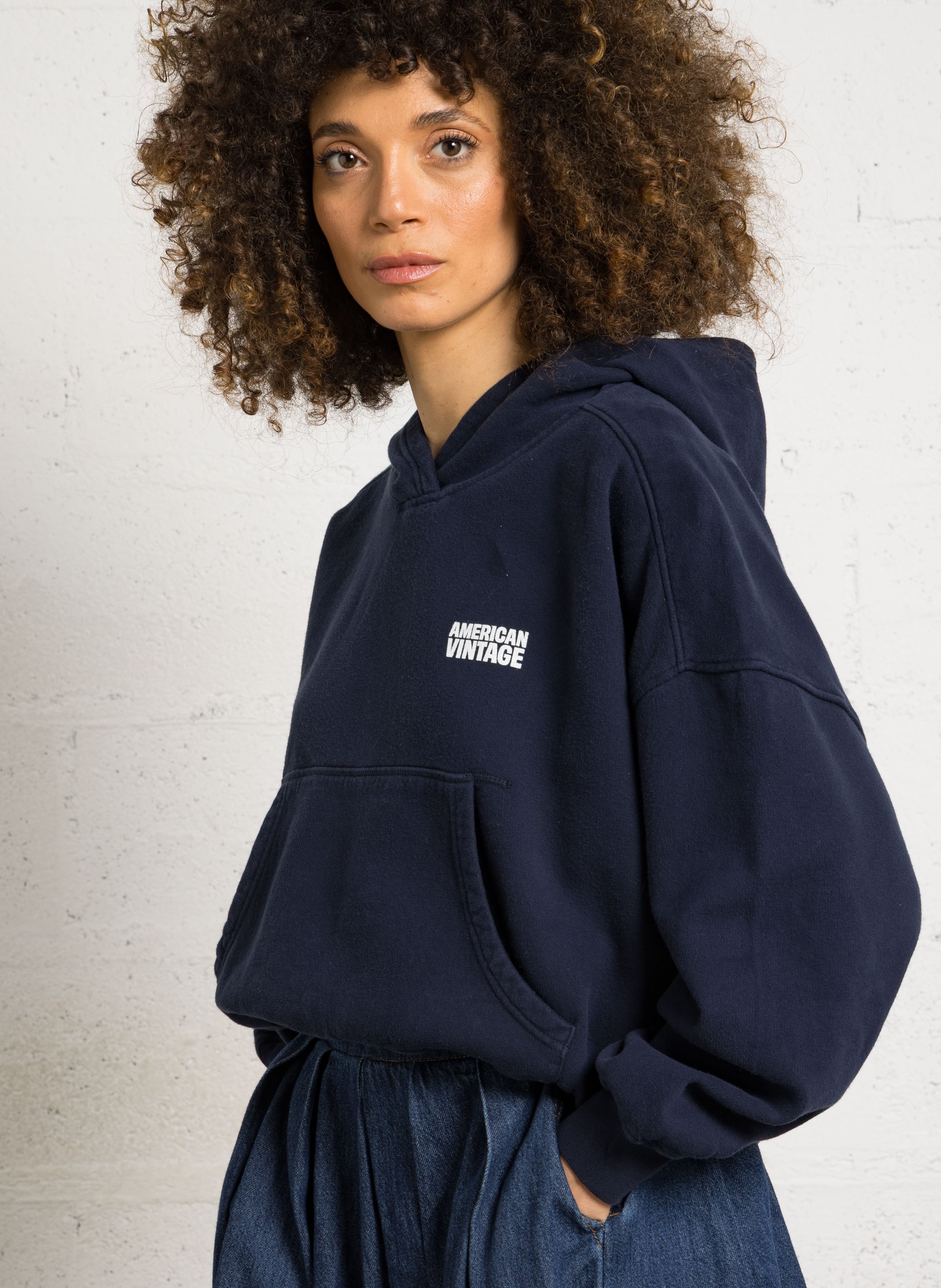 Sweat oversize à capuche en coton plizzy AMERICAN VINTAGE Bleu