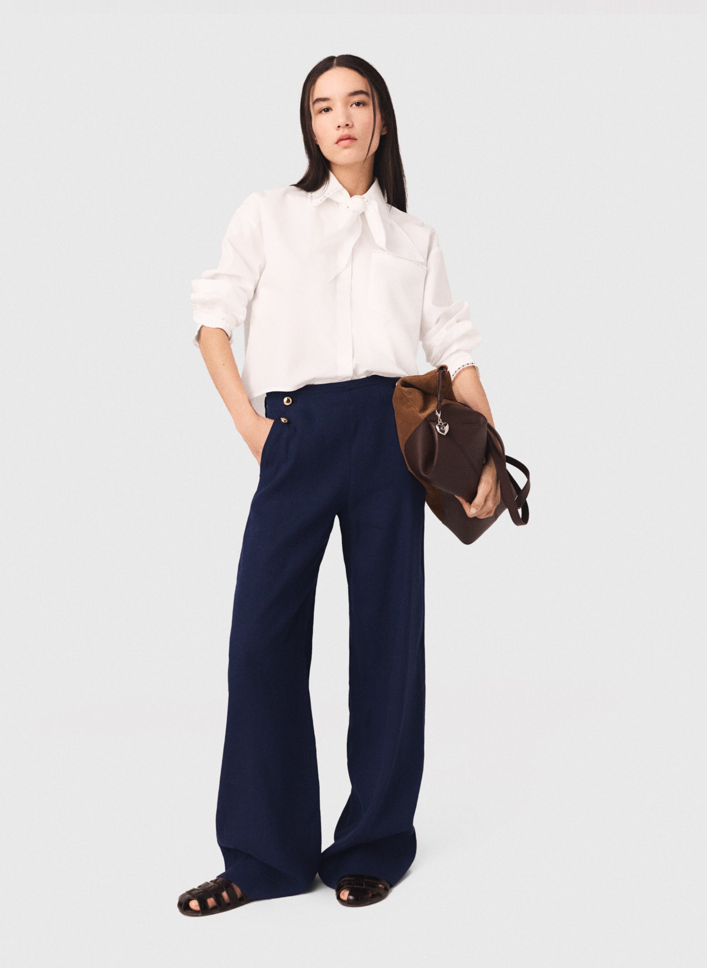 Pantalon large boutonné en lin mélangé MAJE Bleu