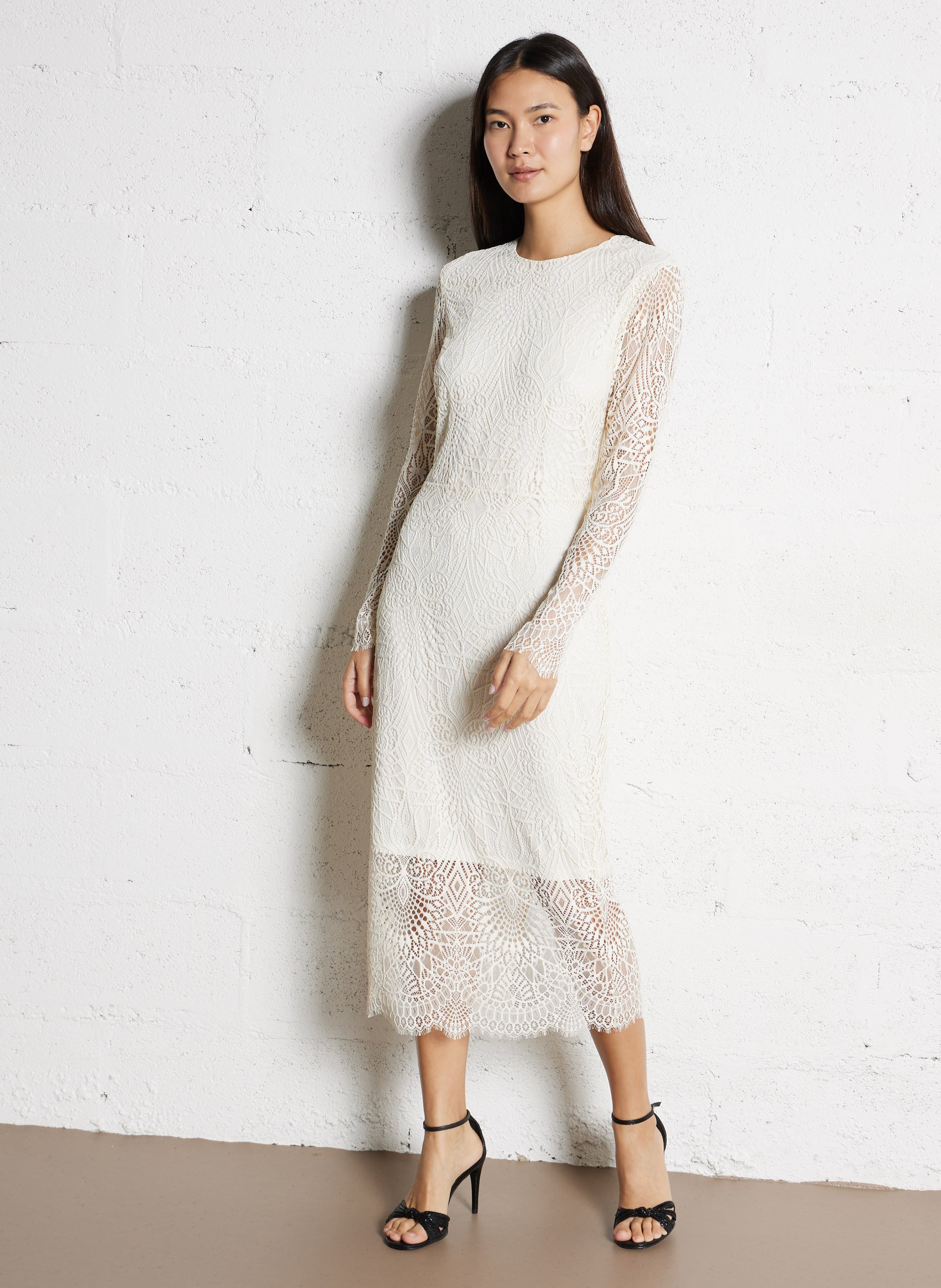 Robe longue col rond en dentelle IKKS Blanc