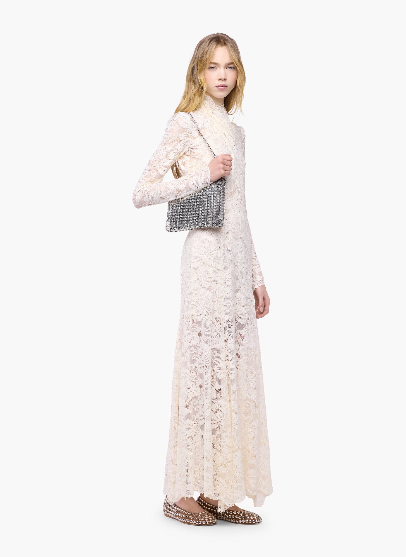 Robe longue en dentelle col montant RABANNE Blanc