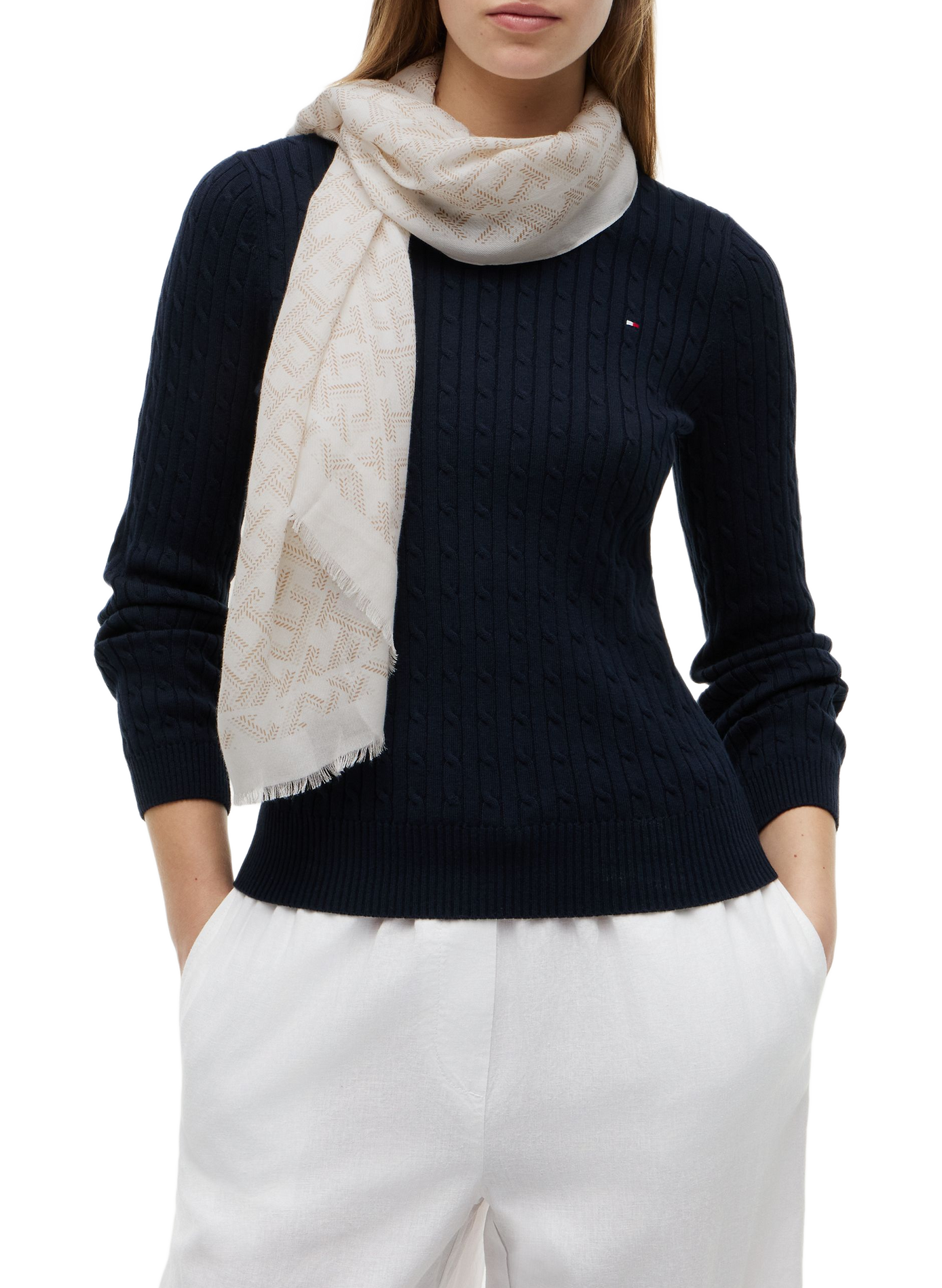 Foulard imprimé à bord effiloché en coton mélangé TOMMY HILFIGER Beige